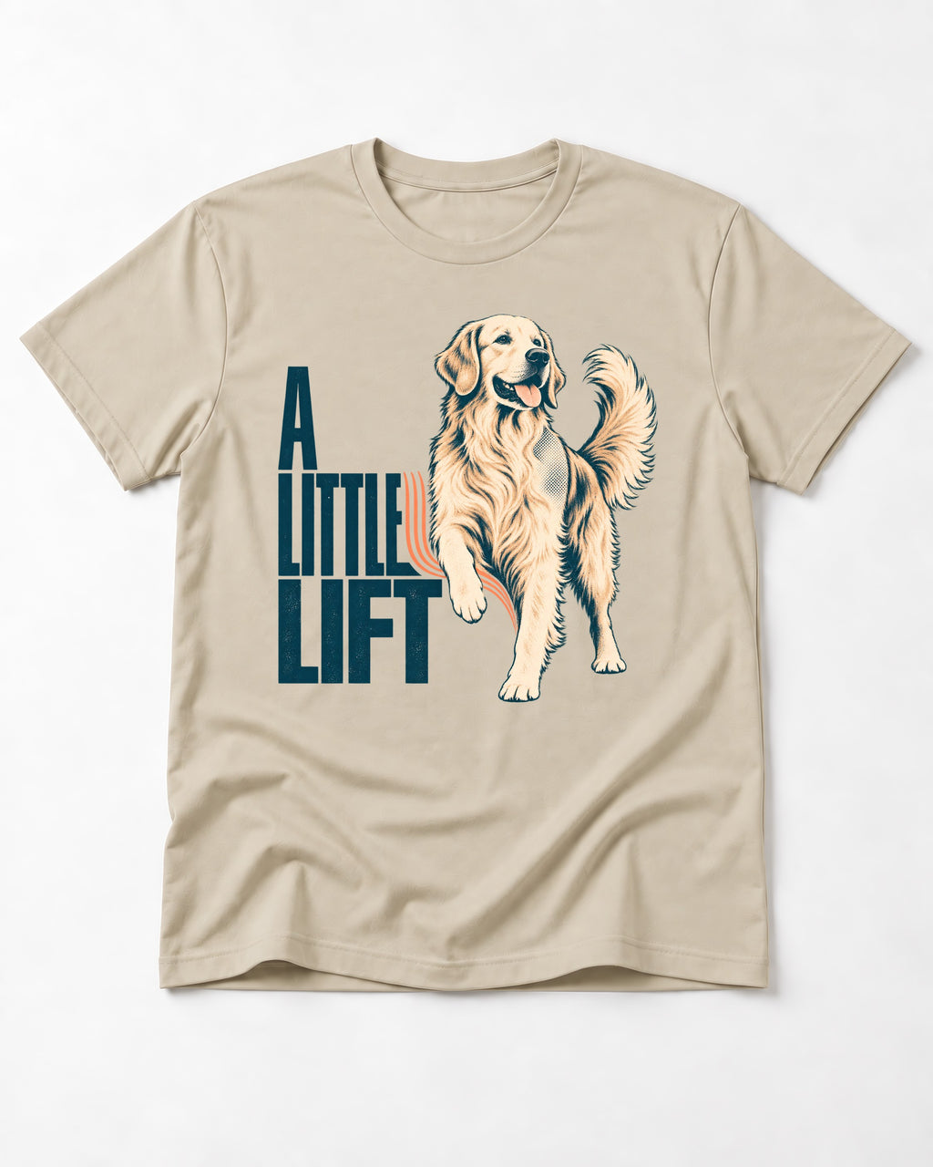 A Little Lift Golden Retriever T-Shirt in Sand, flat lay product photo