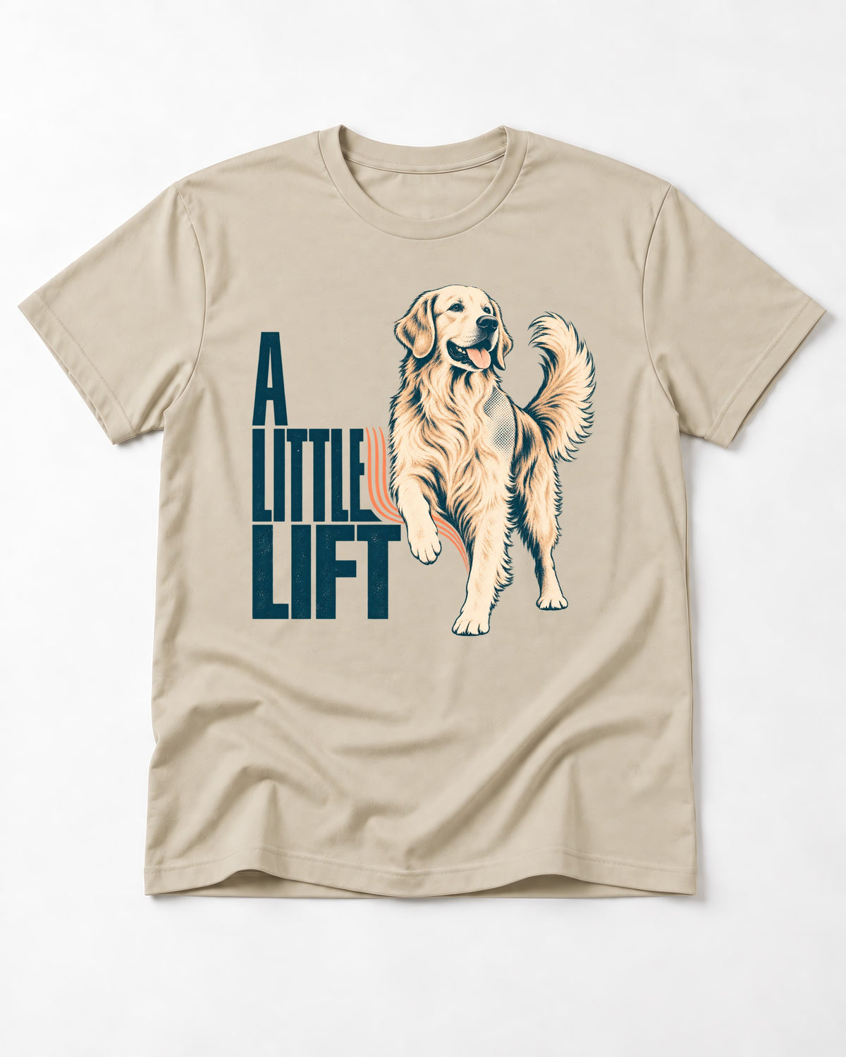 A Little Lift Golden Retriever T-Shirt in Sand, flat lay product photo