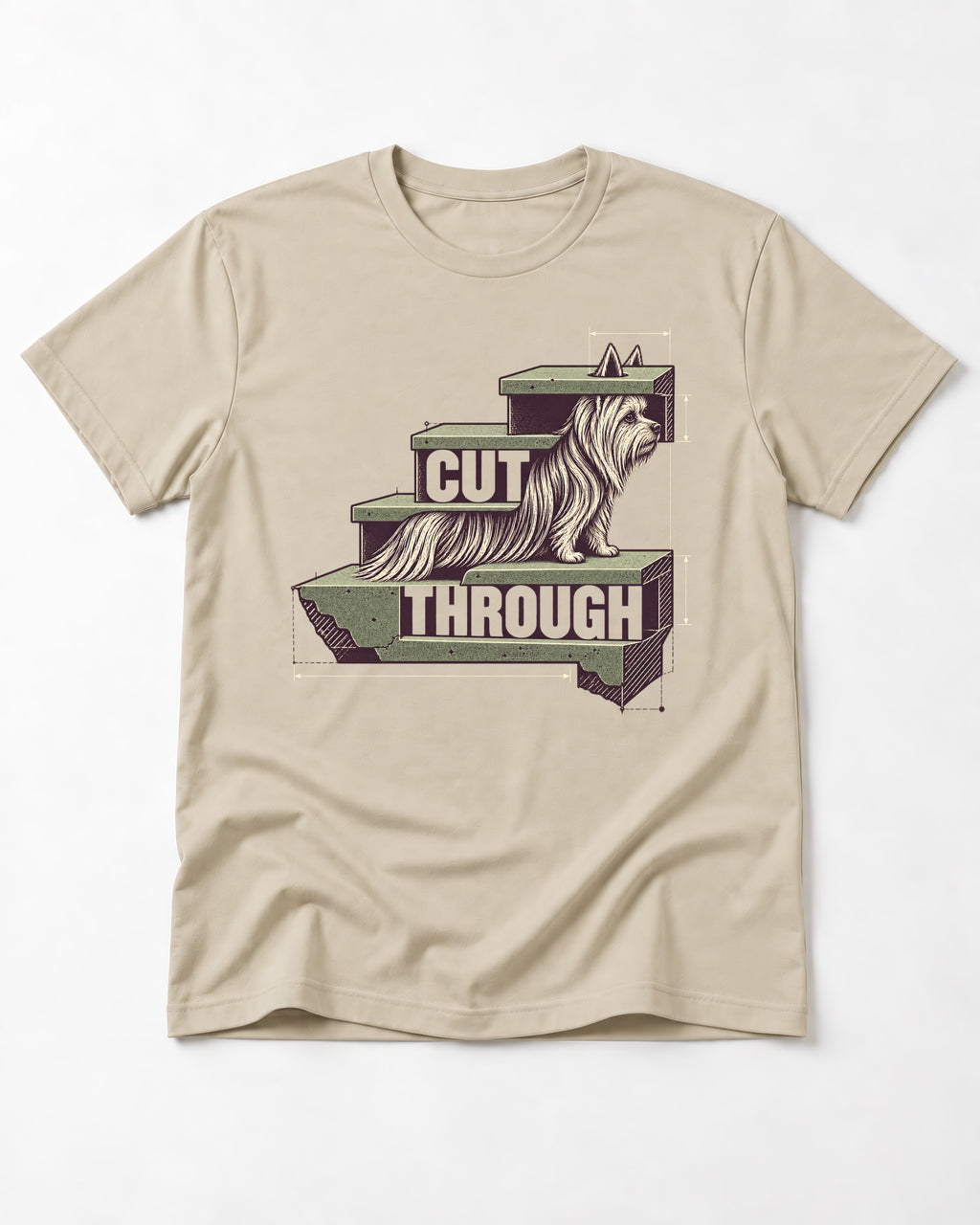 Yorkshire Terrier Cut Through T-Shirt in Sand, flat lay product photo
