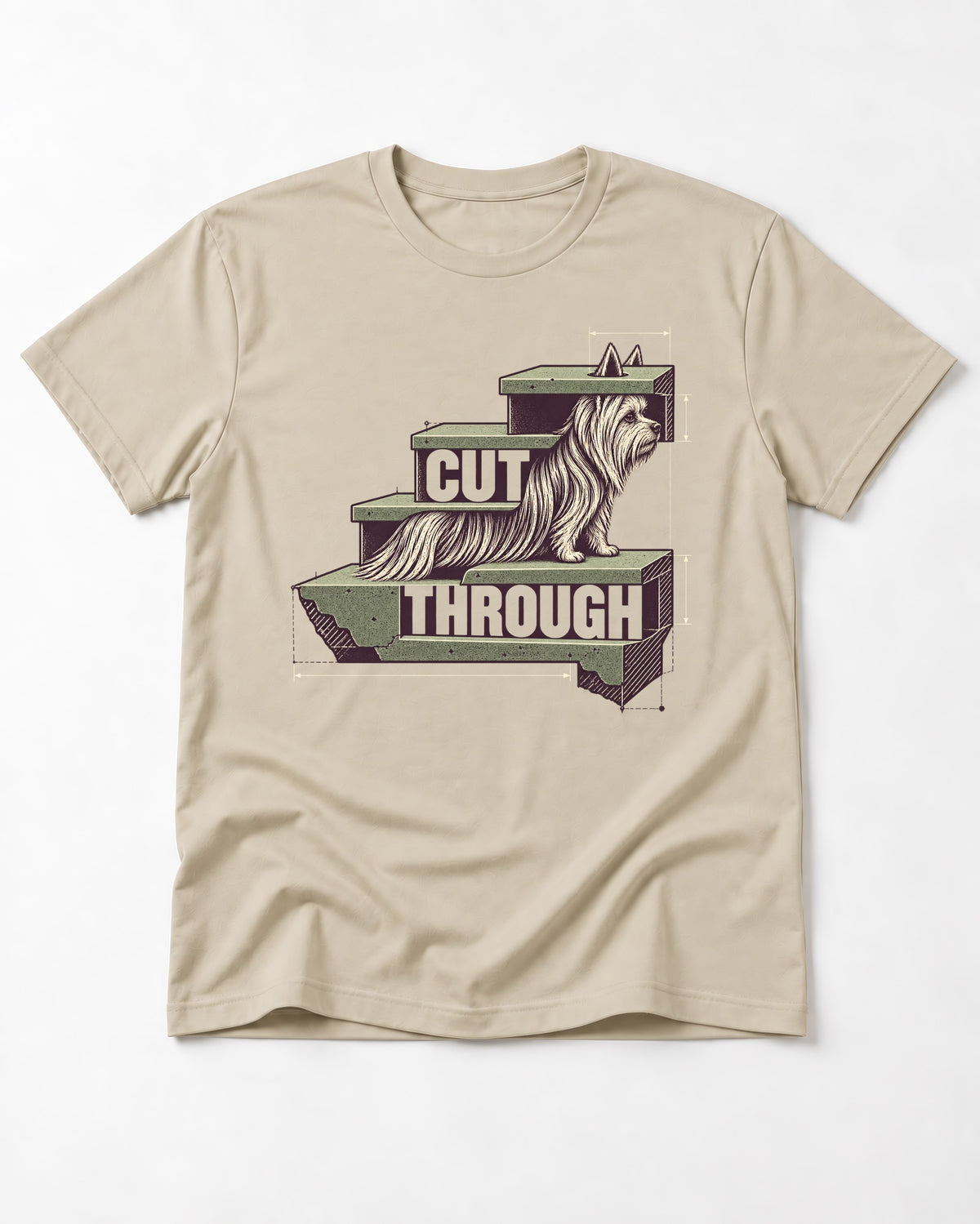 Yorkshire Terrier Cut Through T-Shirt in Sand, flat lay product photo