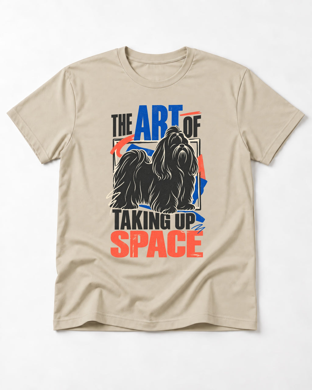 Shih Tzu Taking Up Space T-Shirt in Sand, flat lay product photo