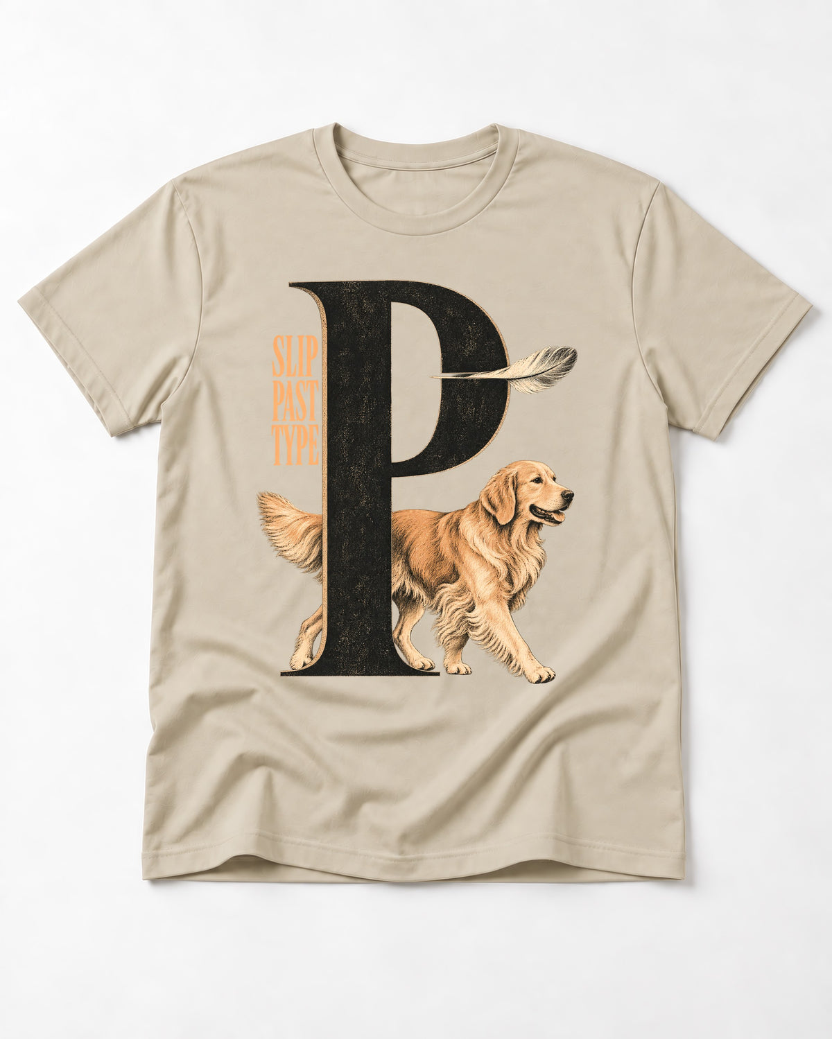 Golden Retriever Slip Past Type T-Shirt in Sand, flat lay product photo
