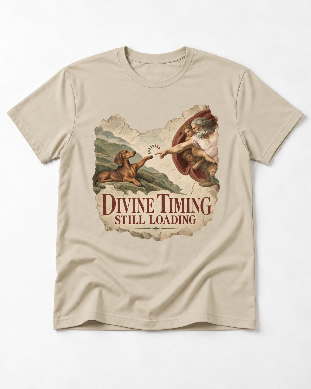 Dachshund's Divine Timing T-Shirt in Sand, flat lay product photo