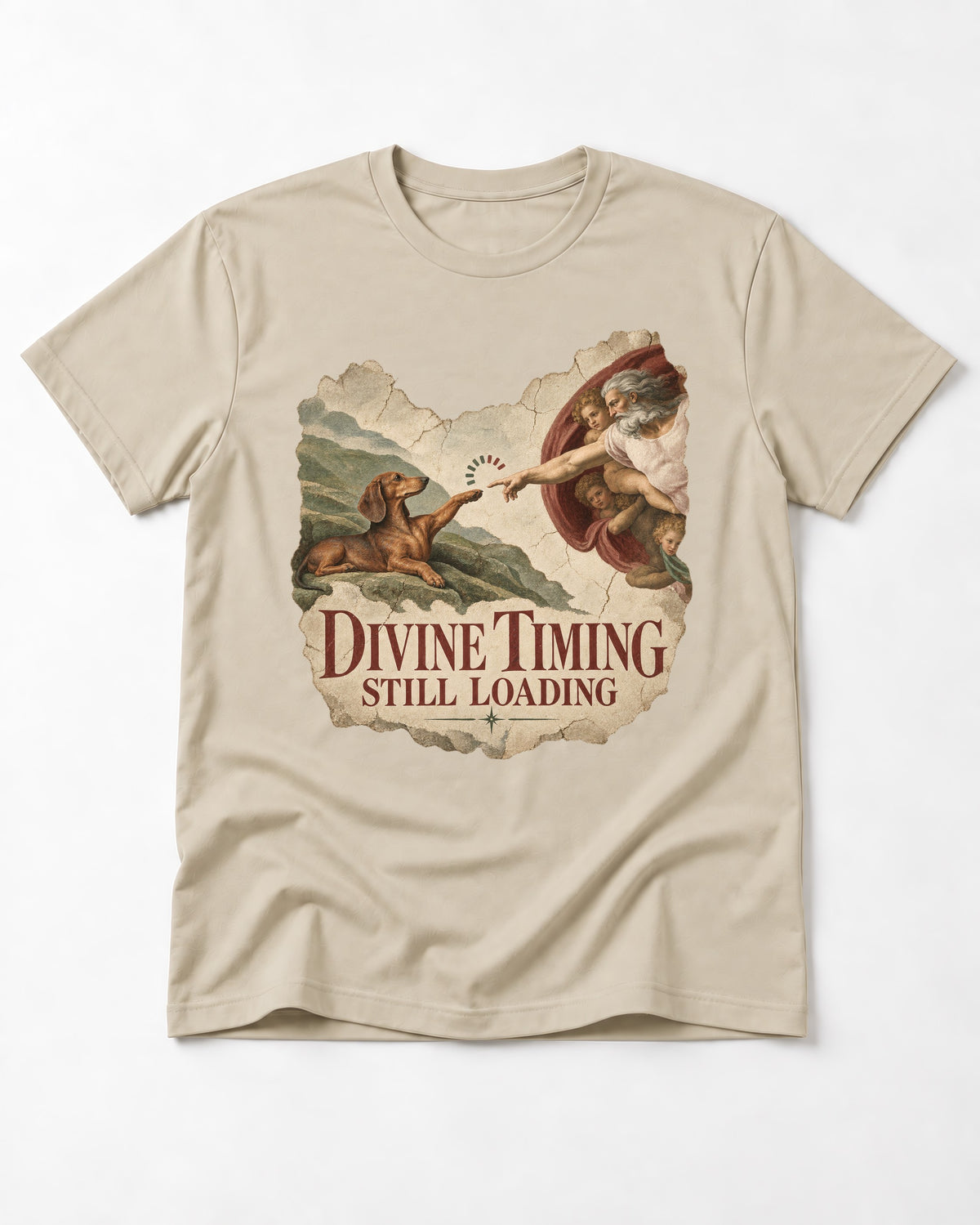Dachshund's Divine Timing T-Shirt in Sand, flat lay product photo