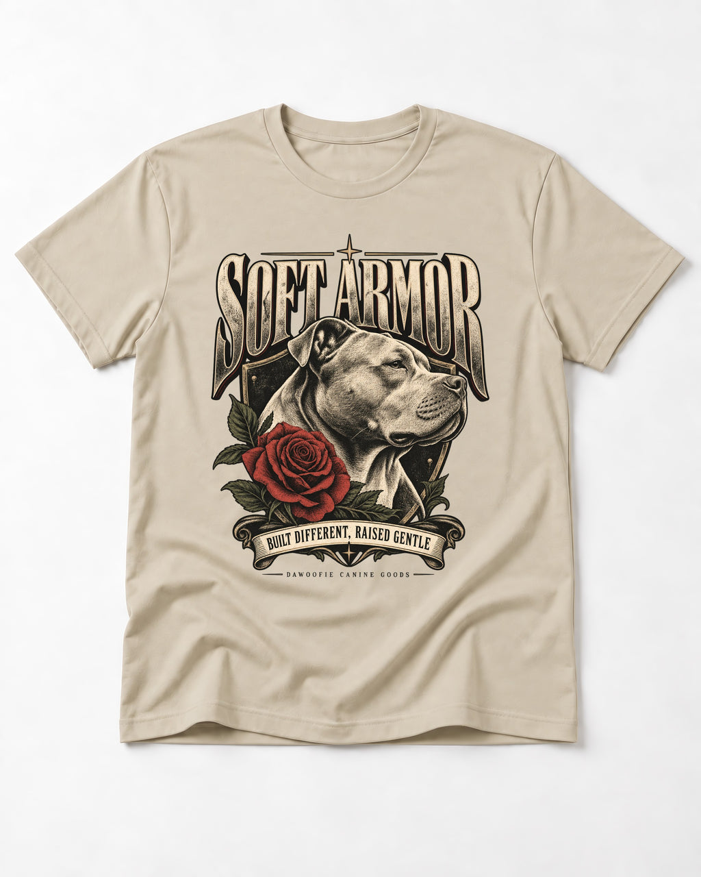 Pitbull Soft Armor T-Shirt in Sand, flat lay product photo