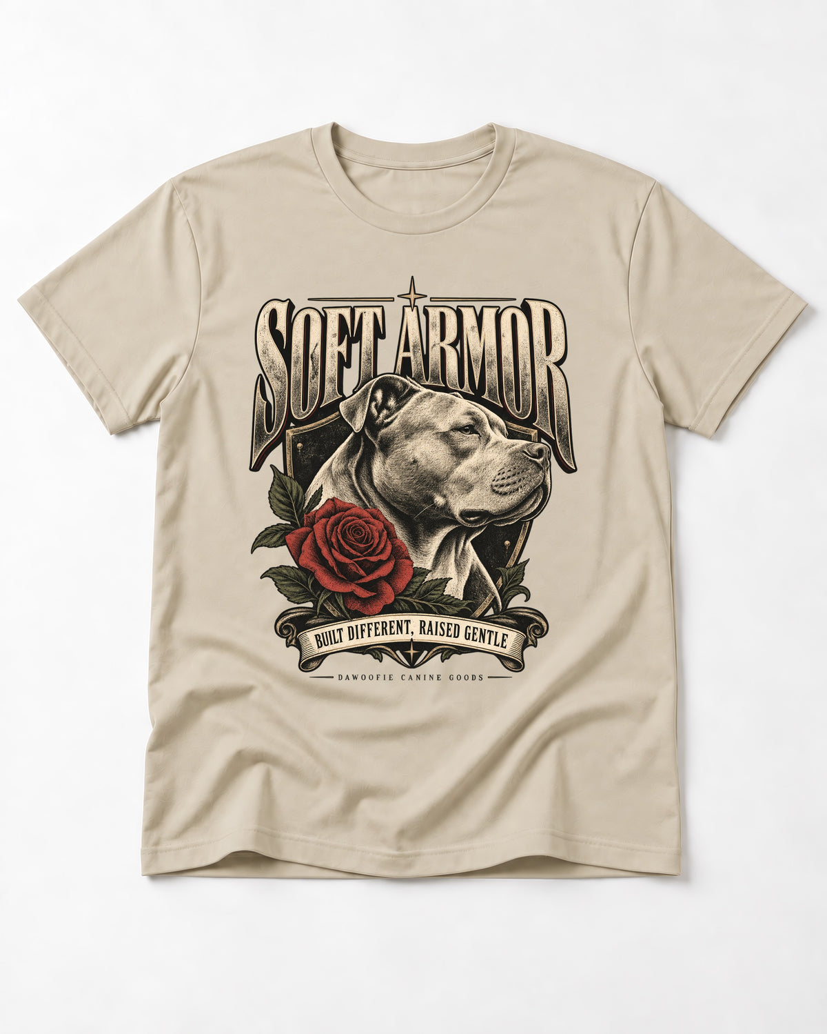 Pitbull Soft Armor T-Shirt in Sand, flat lay product photo