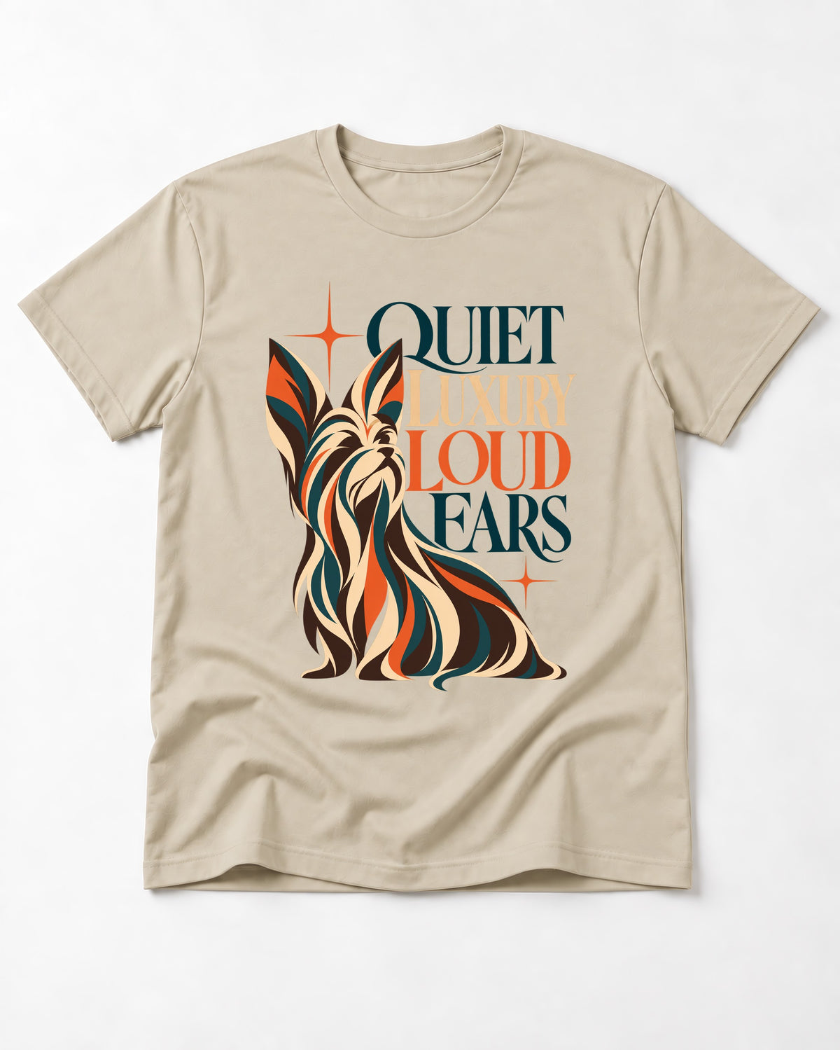 Quiet Luxury Loud Ears Yorkshire Terrier T-Shirt in Sand, flat lay product photo