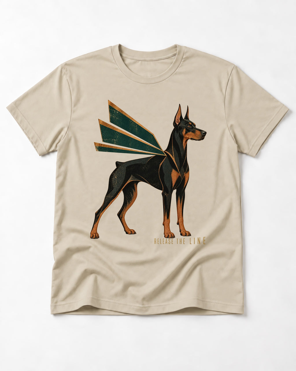 Release the Doberman Line T-Shirt in Sand, flat lay product photo