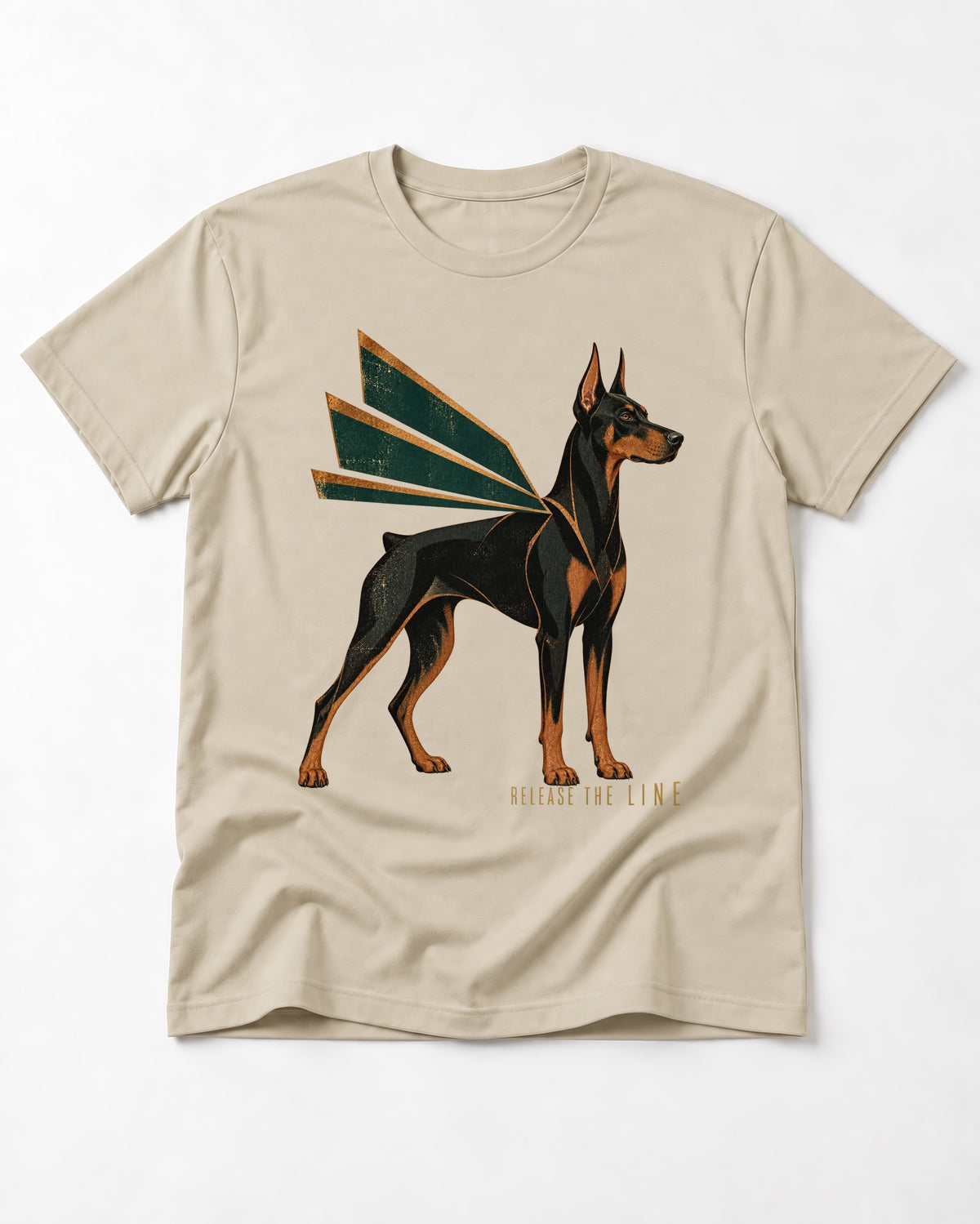 Release the Doberman Line T-Shirt in Sand, flat lay product photo