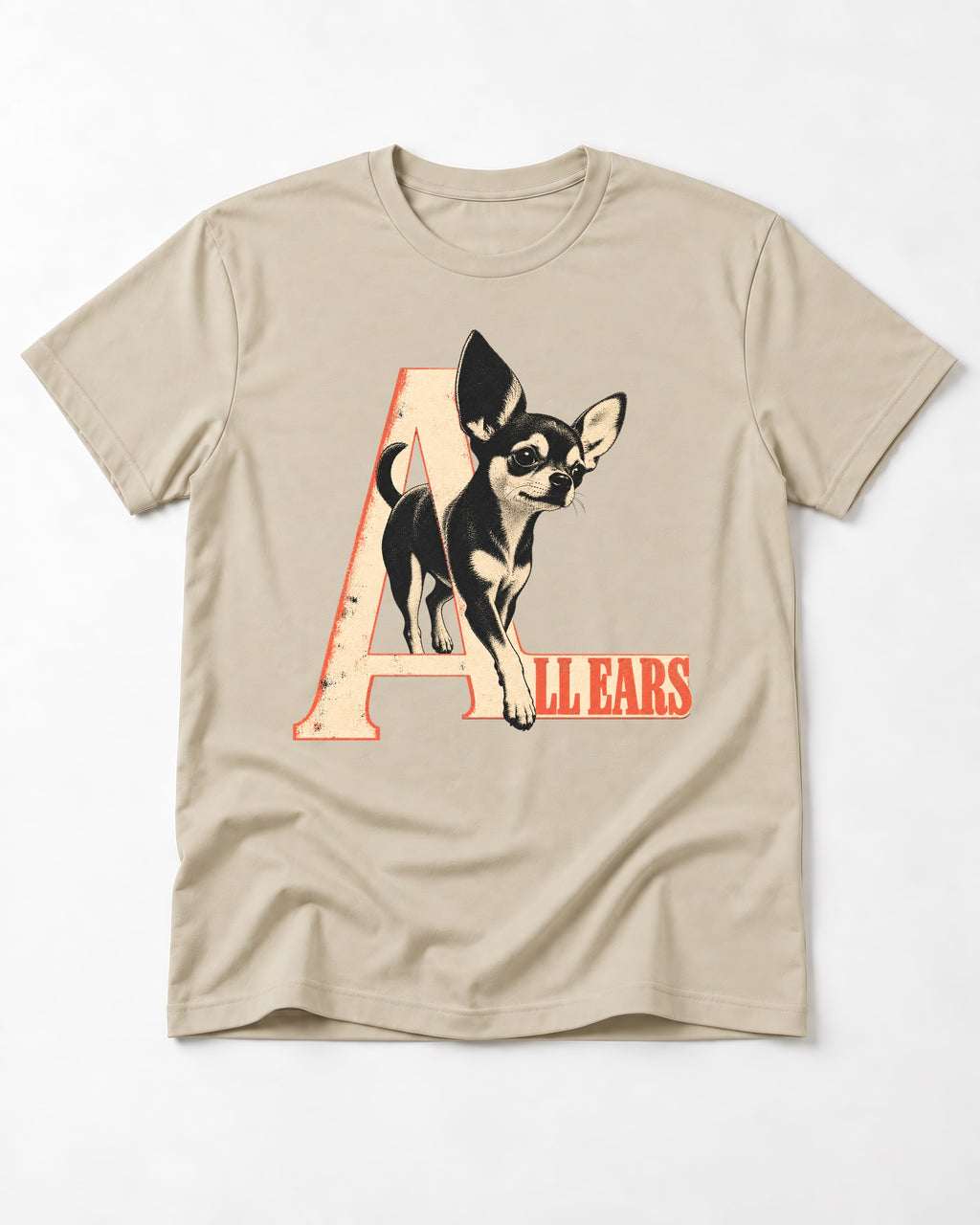 All Ears Chihuahua T-Shirt in Sand, flat lay product photo