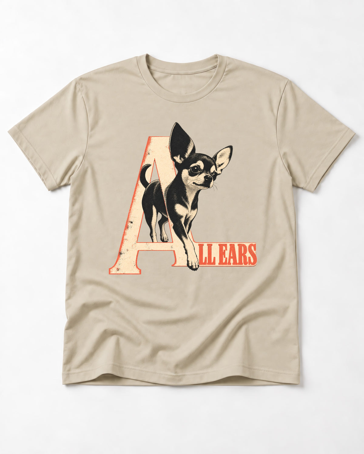 All Ears Chihuahua T-Shirt in Sand, flat lay product photo