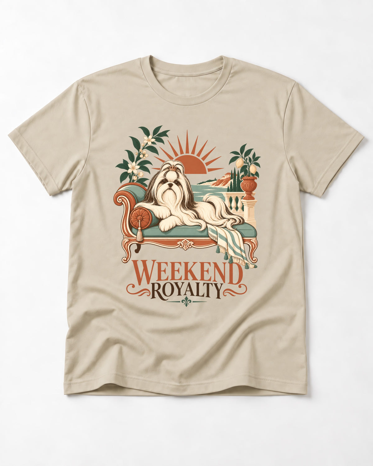 Shih Tzu Weekend Royalty T-Shirt in Sand, flat lay product photo