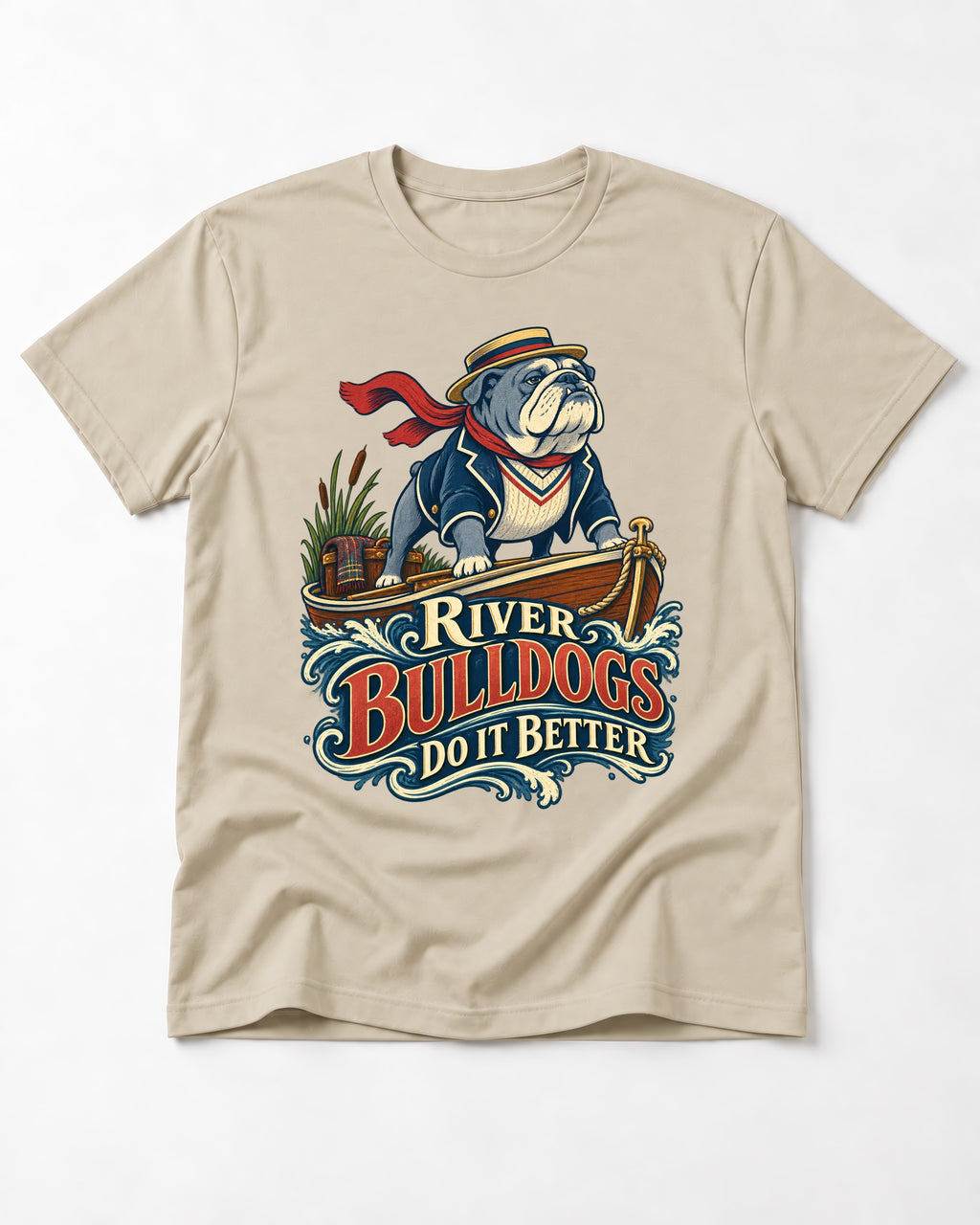 River English Bulldog Does It Better T-Shirt in Sand, flat lay product photo