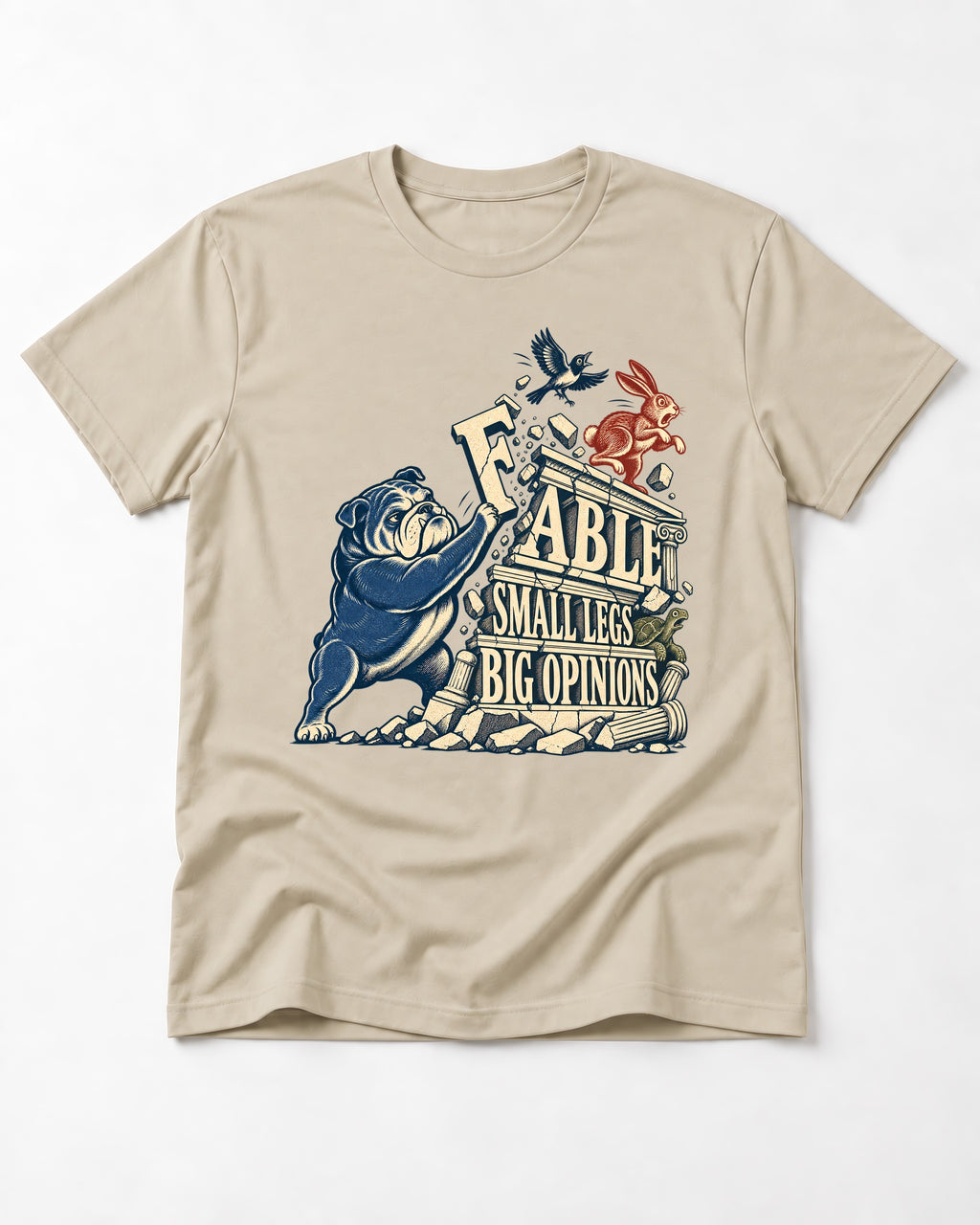 Small Legs Big Opinions English Bulldog T-Shirt in Sand, flat lay product photo