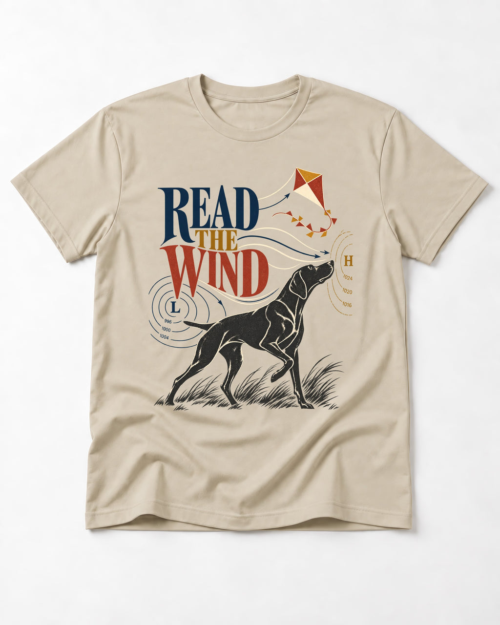 Read the Wind German Shorthaired Pointer T-Shirt in Sand, flat lay product photo