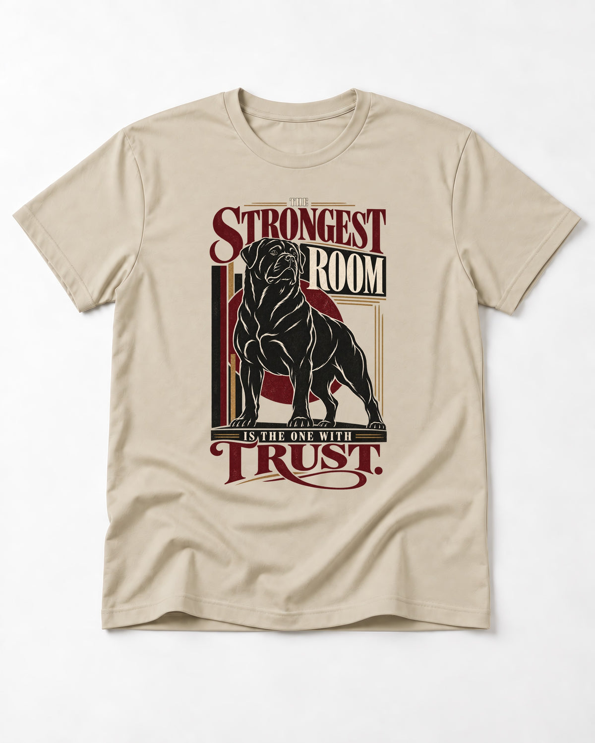Rottweiler Trust T-Shirt in Sand, flat lay product photo