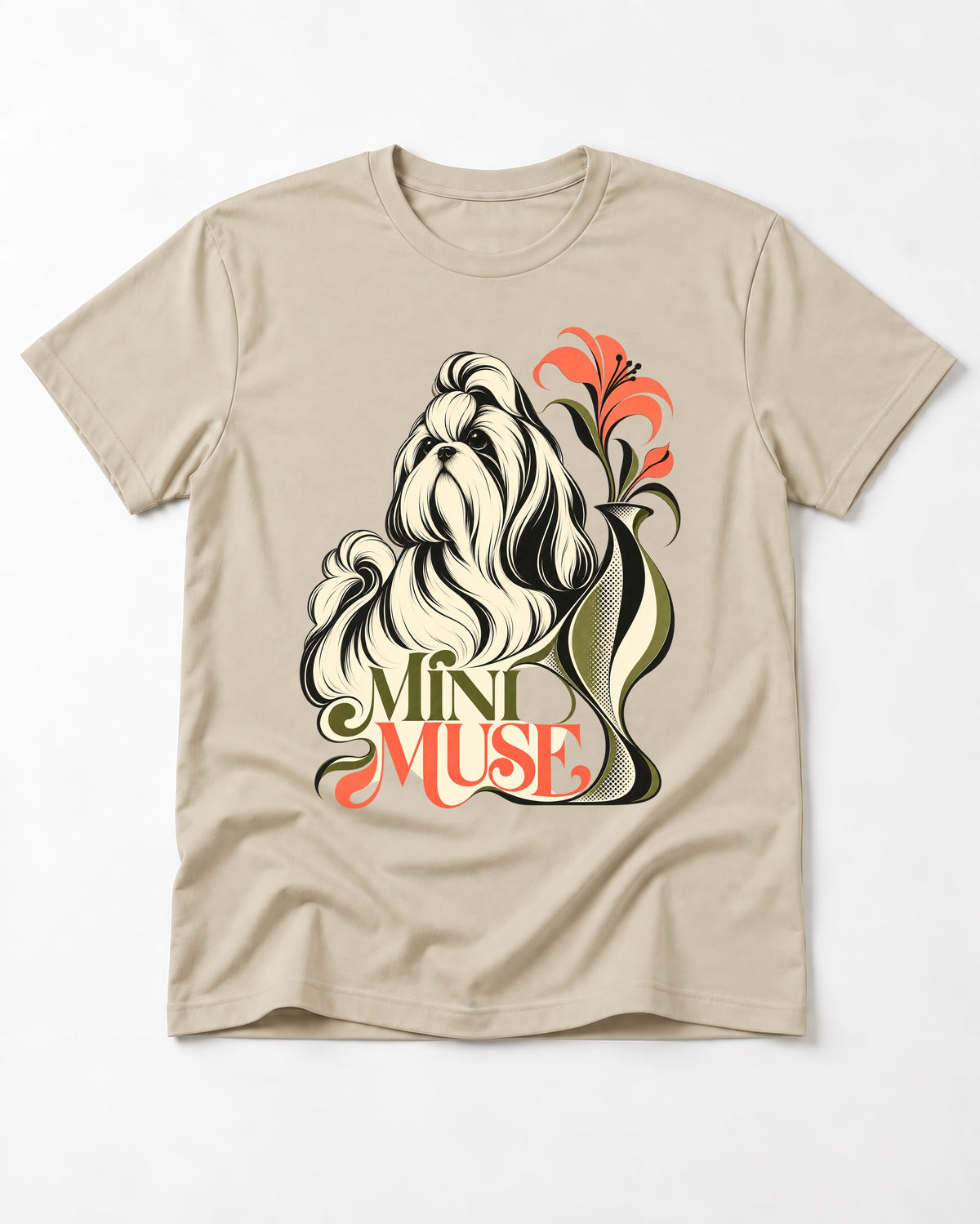 Shih Tzu Mini Muse T-Shirt in Sand, flat lay product photo