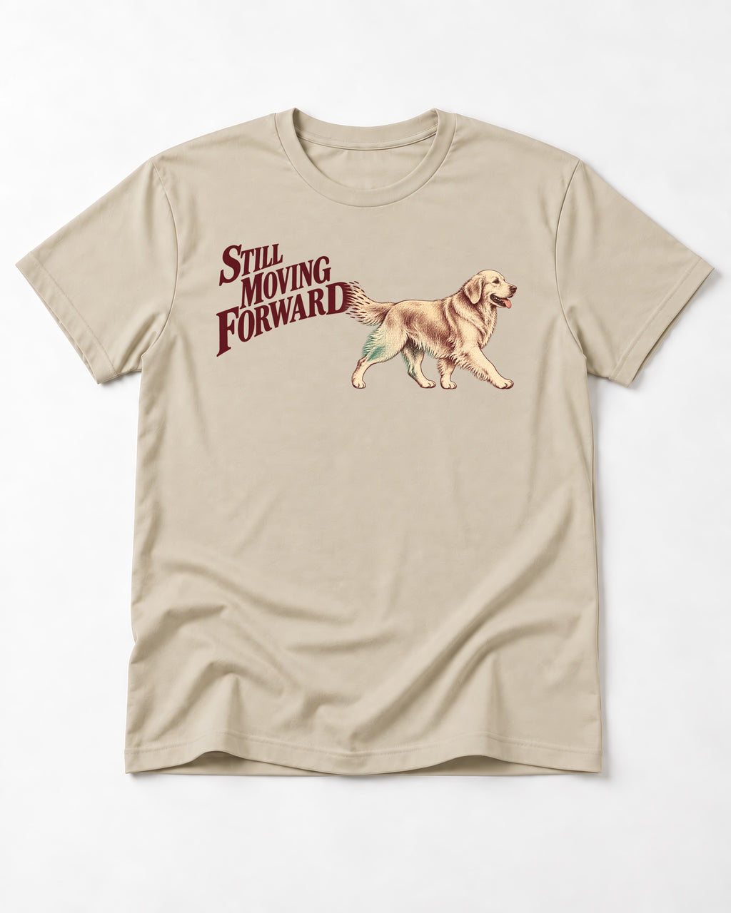 Golden Retriever Still Moving Forward T-Shirt in Sand, flat lay product photo