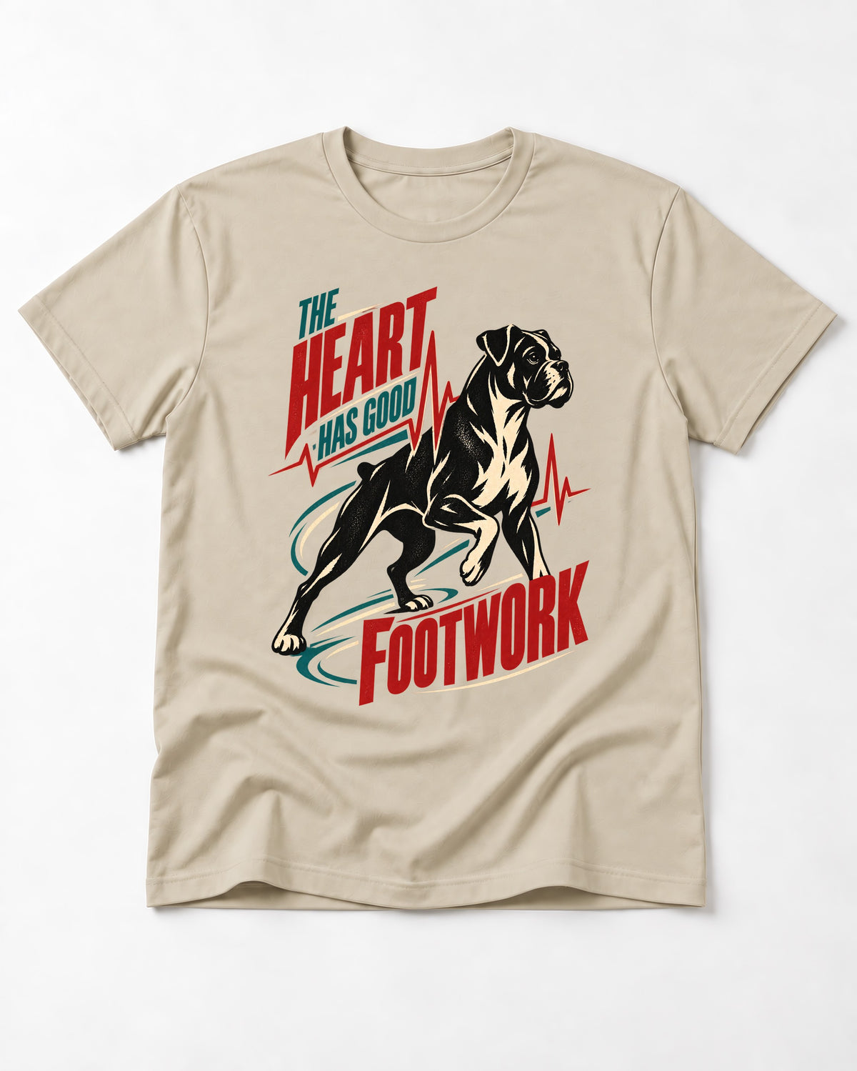 Boxer Heart Has Good Footwork T-Shirt in Sand, flat lay product photo
