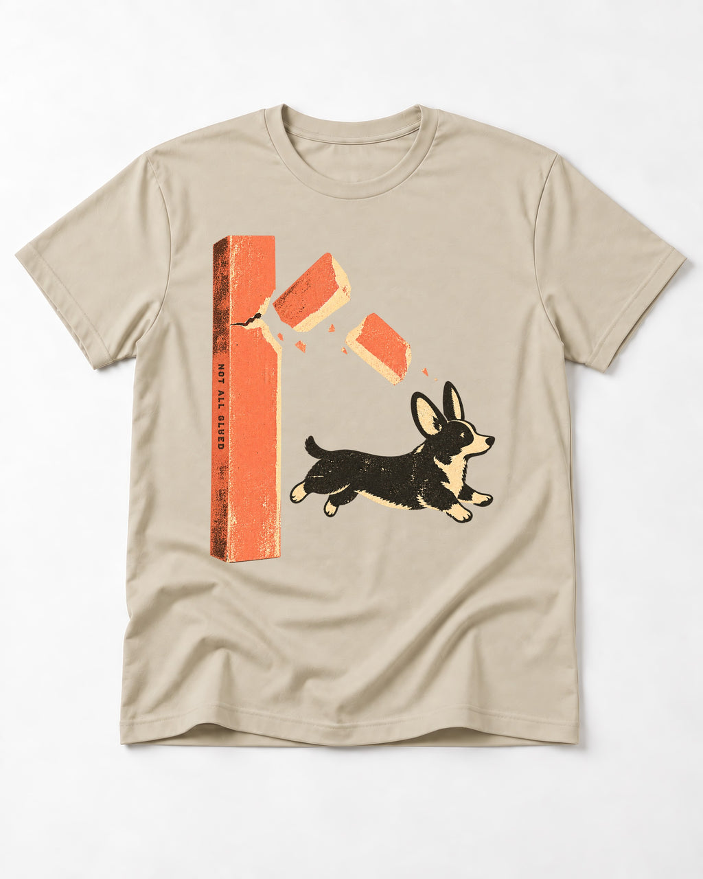 Not All Glued Corgi T-Shirt in Sand, flat lay product photo
