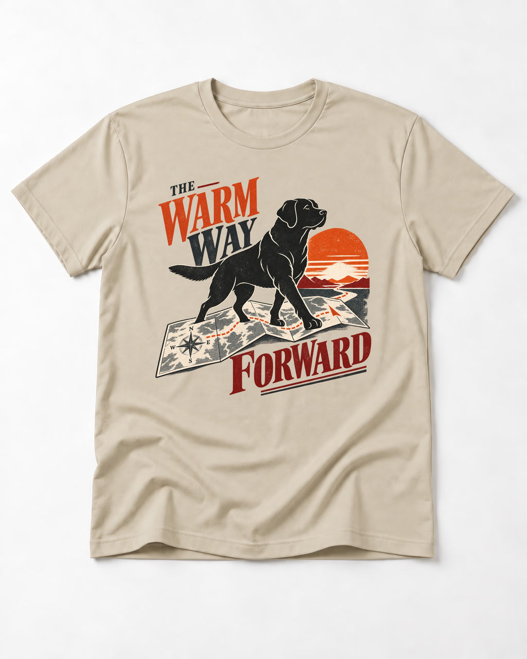 The Warm Way Forward Labrador Retriever T-Shirt in Sand, flat lay product photo