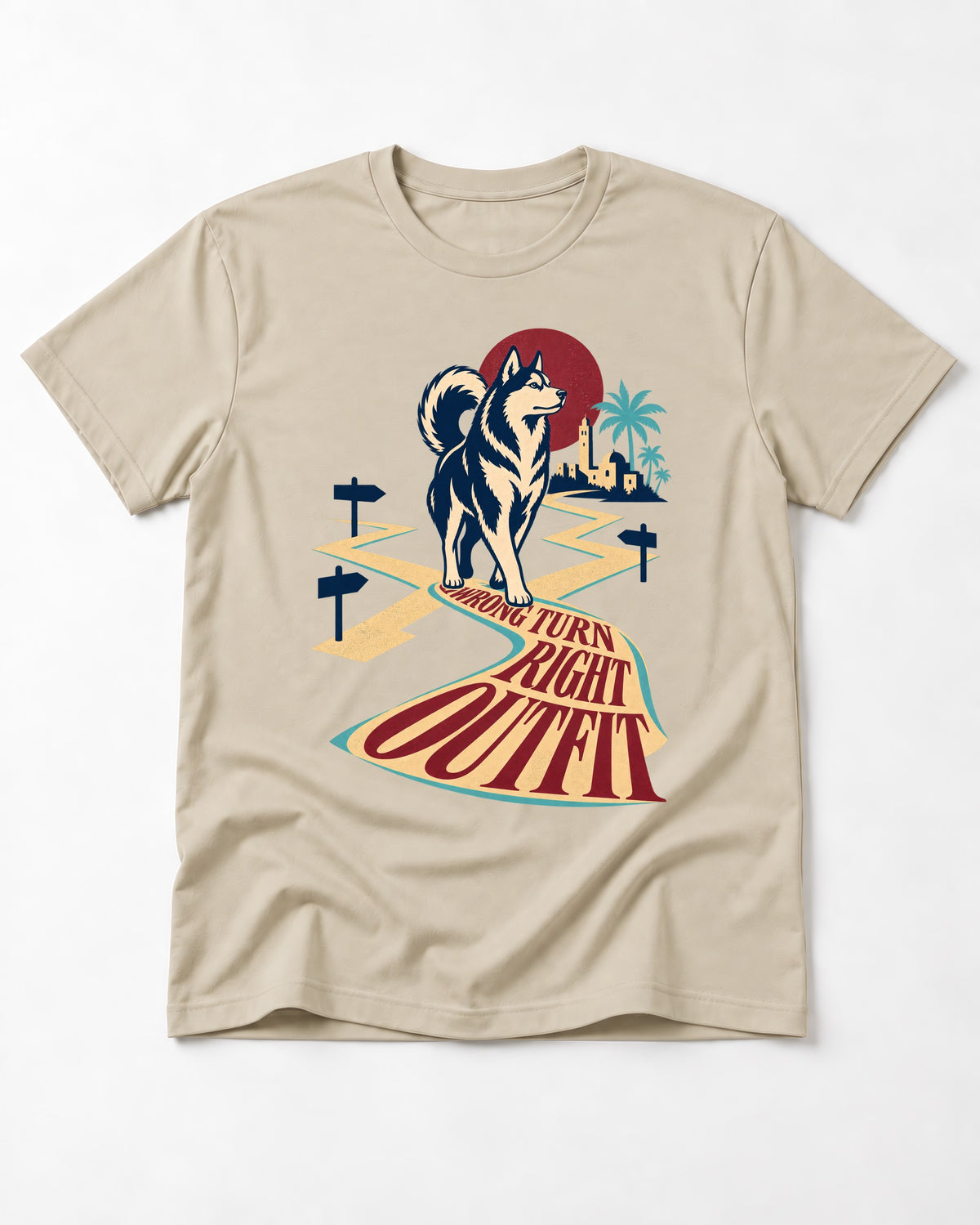 Wrong Turn Right Outfit Husky T-Shirt in Sand, flat lay product photo