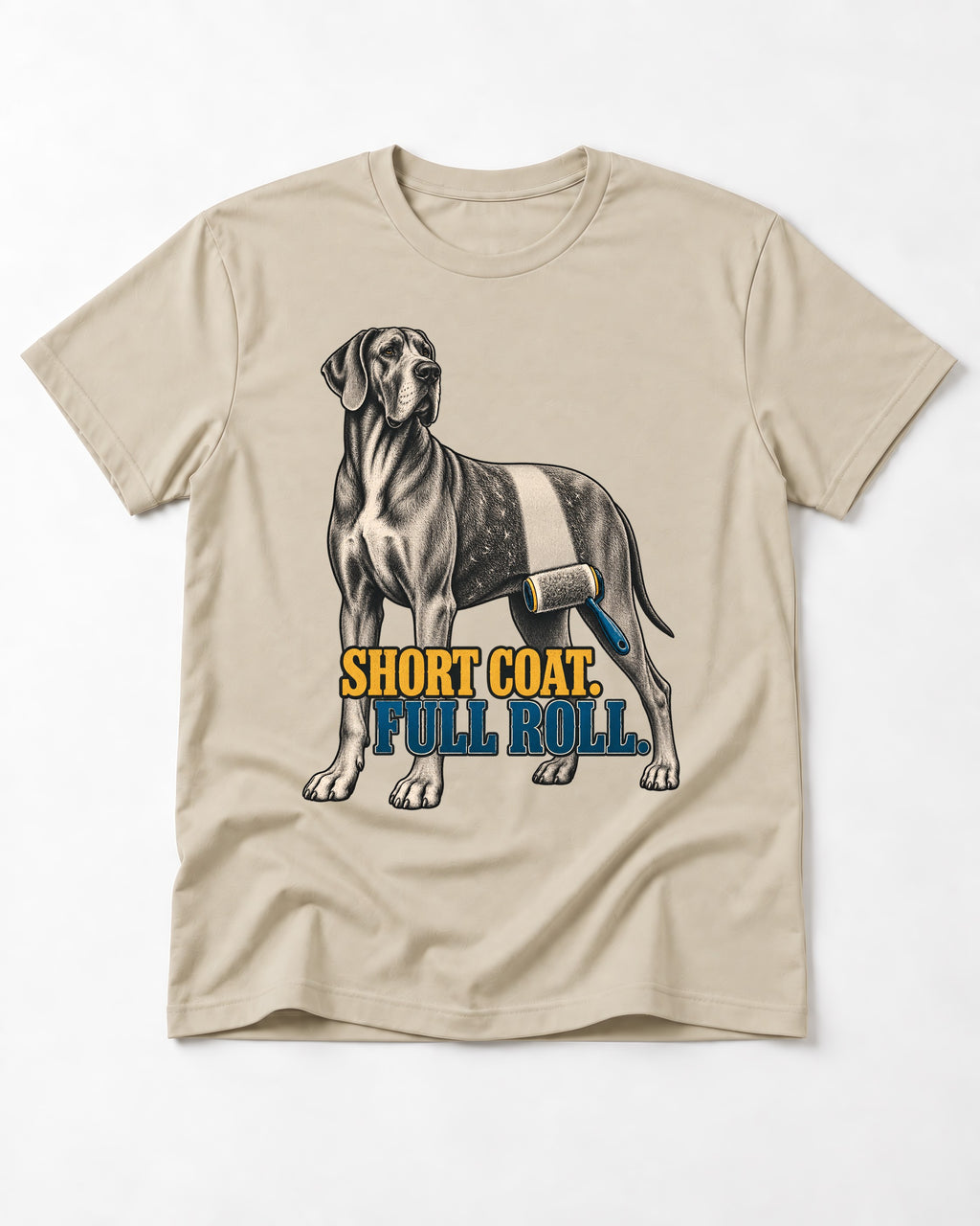Short Coat Full Roll Great Dane T-Shirt in Sand, flat lay product photo