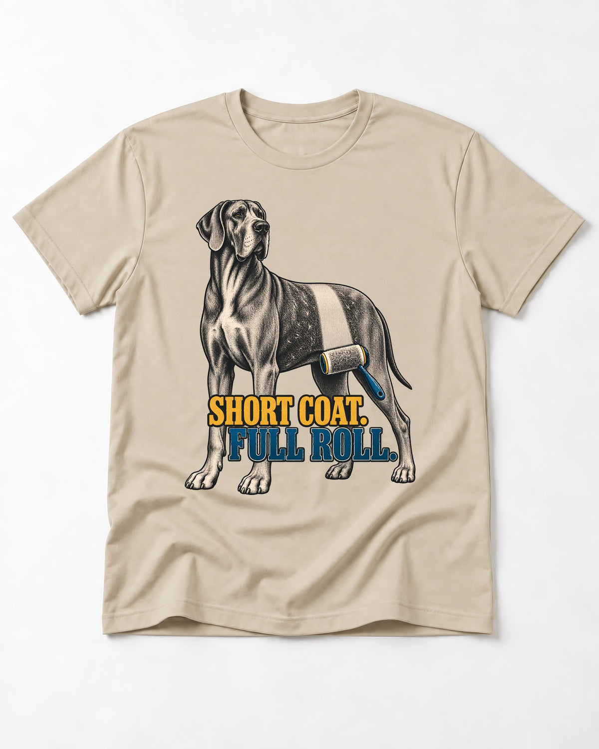 Short Coat Full Roll Great Dane T-Shirt in Sand, flat lay product photo