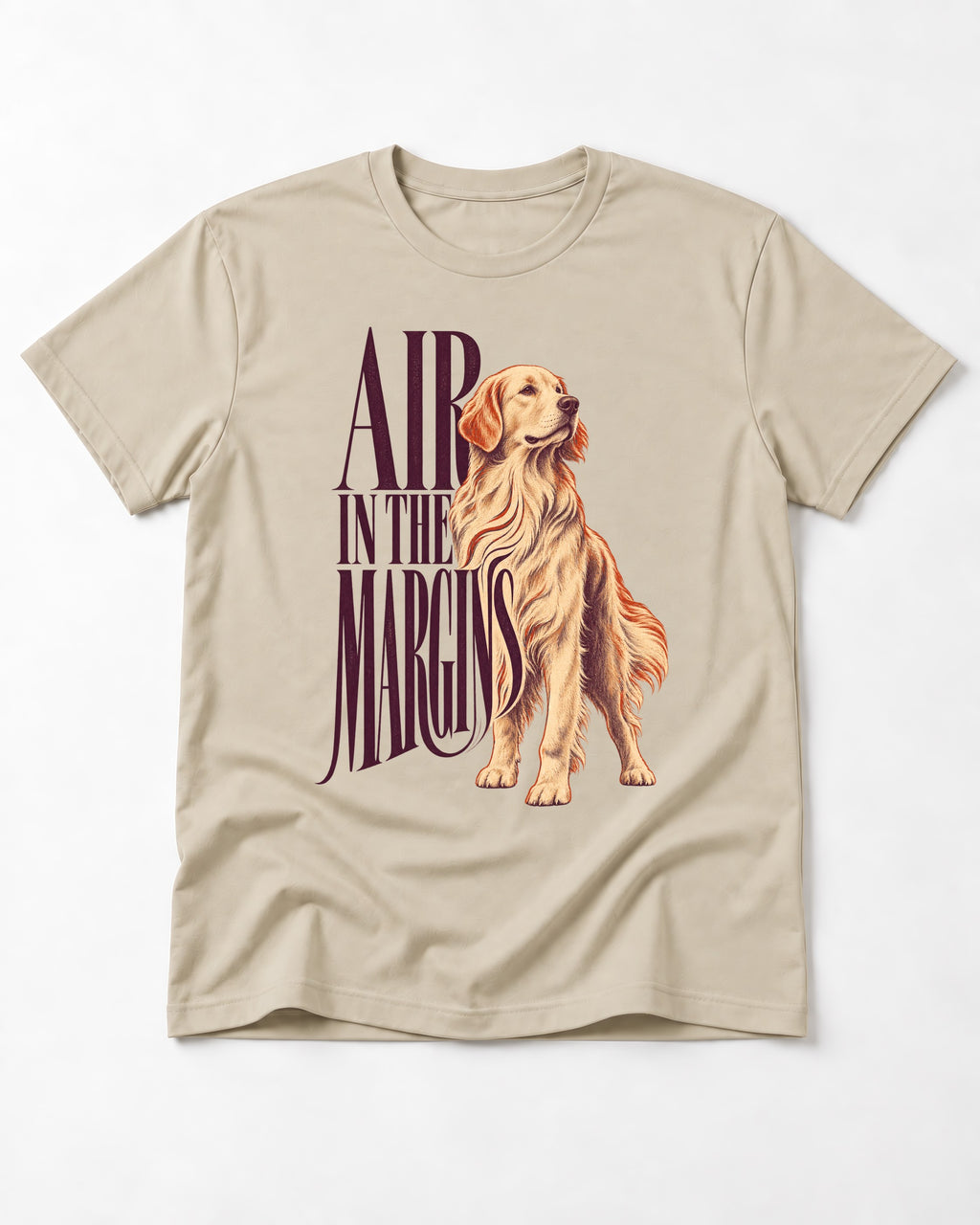 Golden Retriever In the Margins T-Shirt in Sand, flat lay product photo