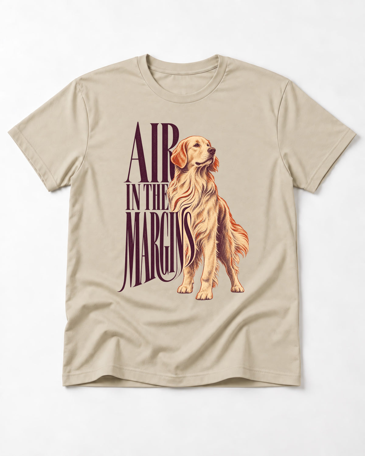 Golden Retriever In the Margins T-Shirt in Sand, flat lay product photo