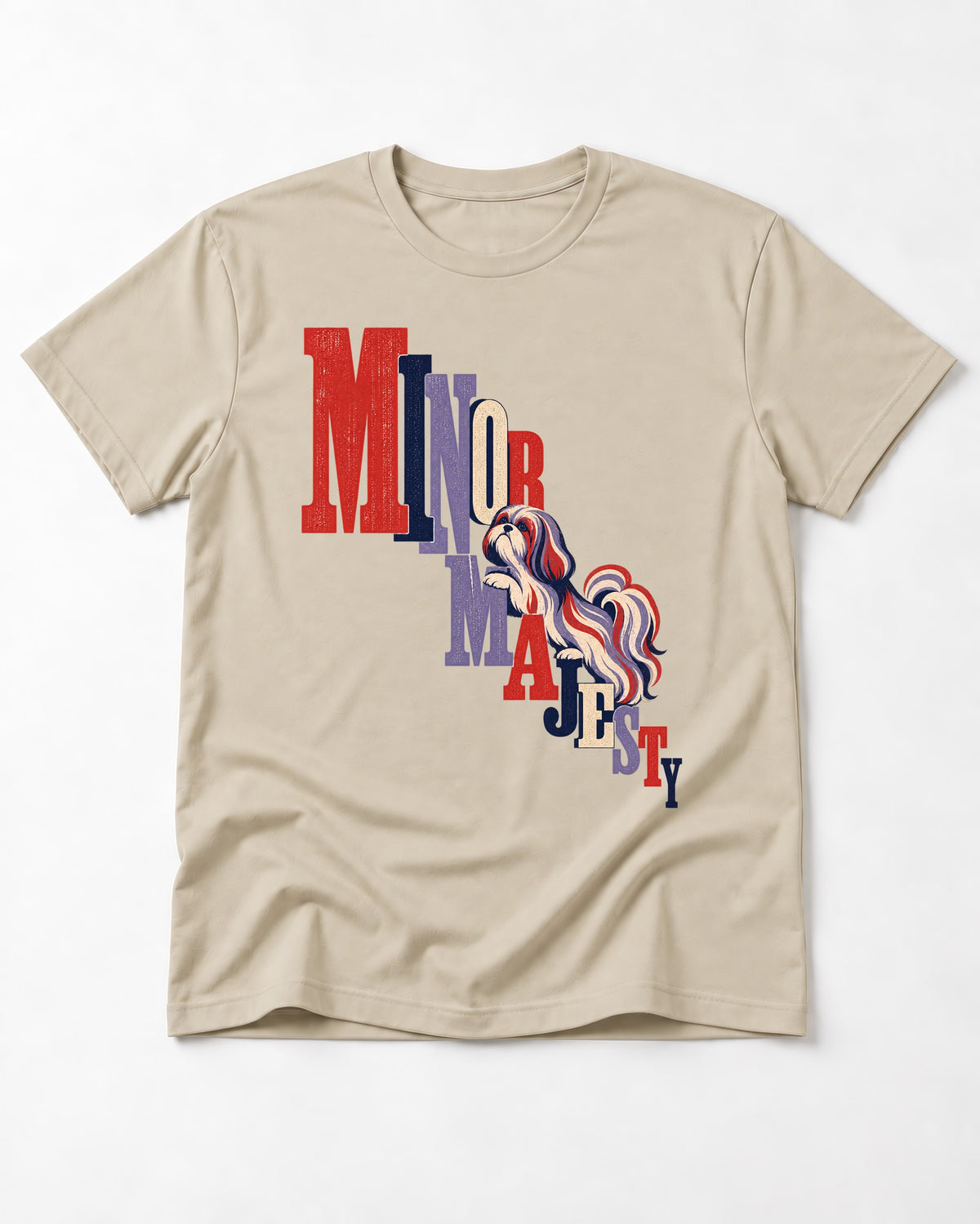 Shih Tzu Minor Majesty T-Shirt in Sand, flat lay product photo