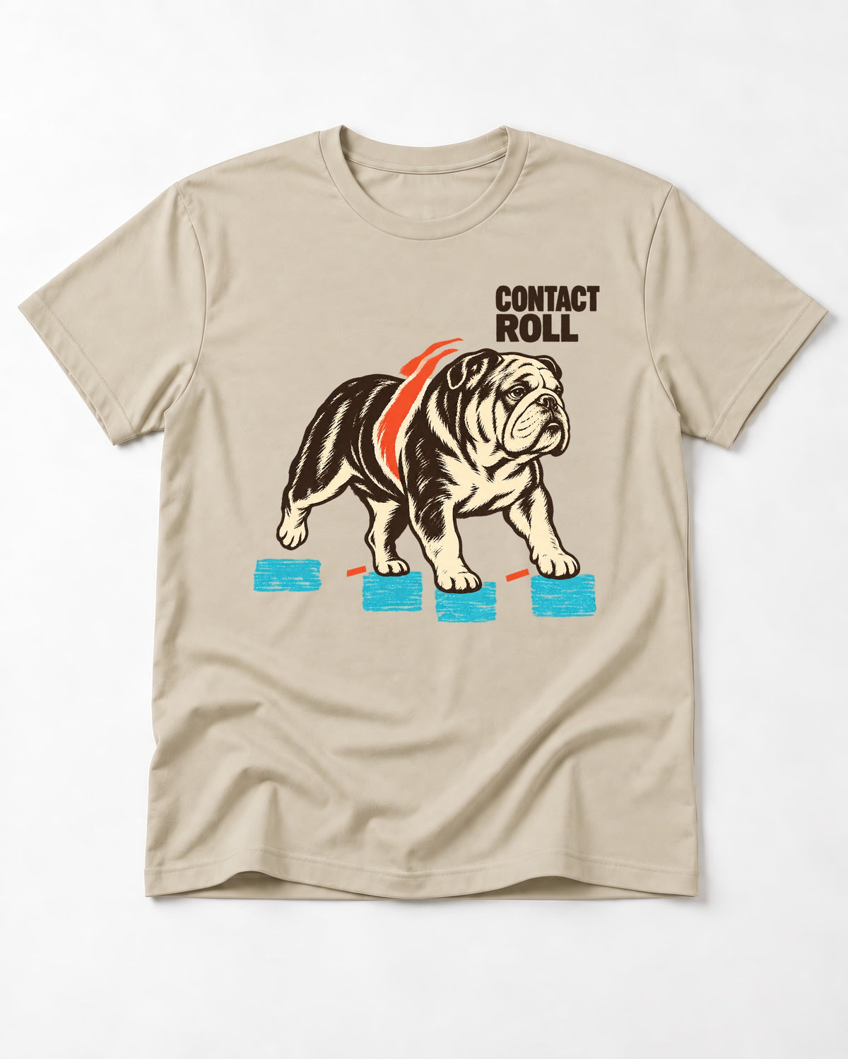 Contact Roll English Bulldog T-Shirt in Sand, flat lay product photo