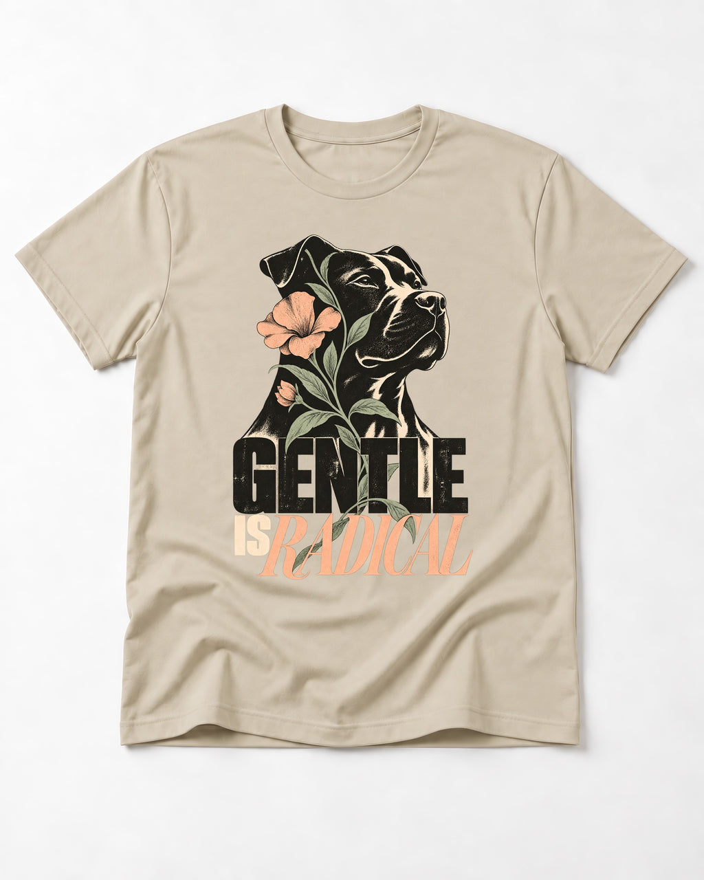 Gentle Pitbull Is Radical T-Shirt in Sand, flat lay product photo