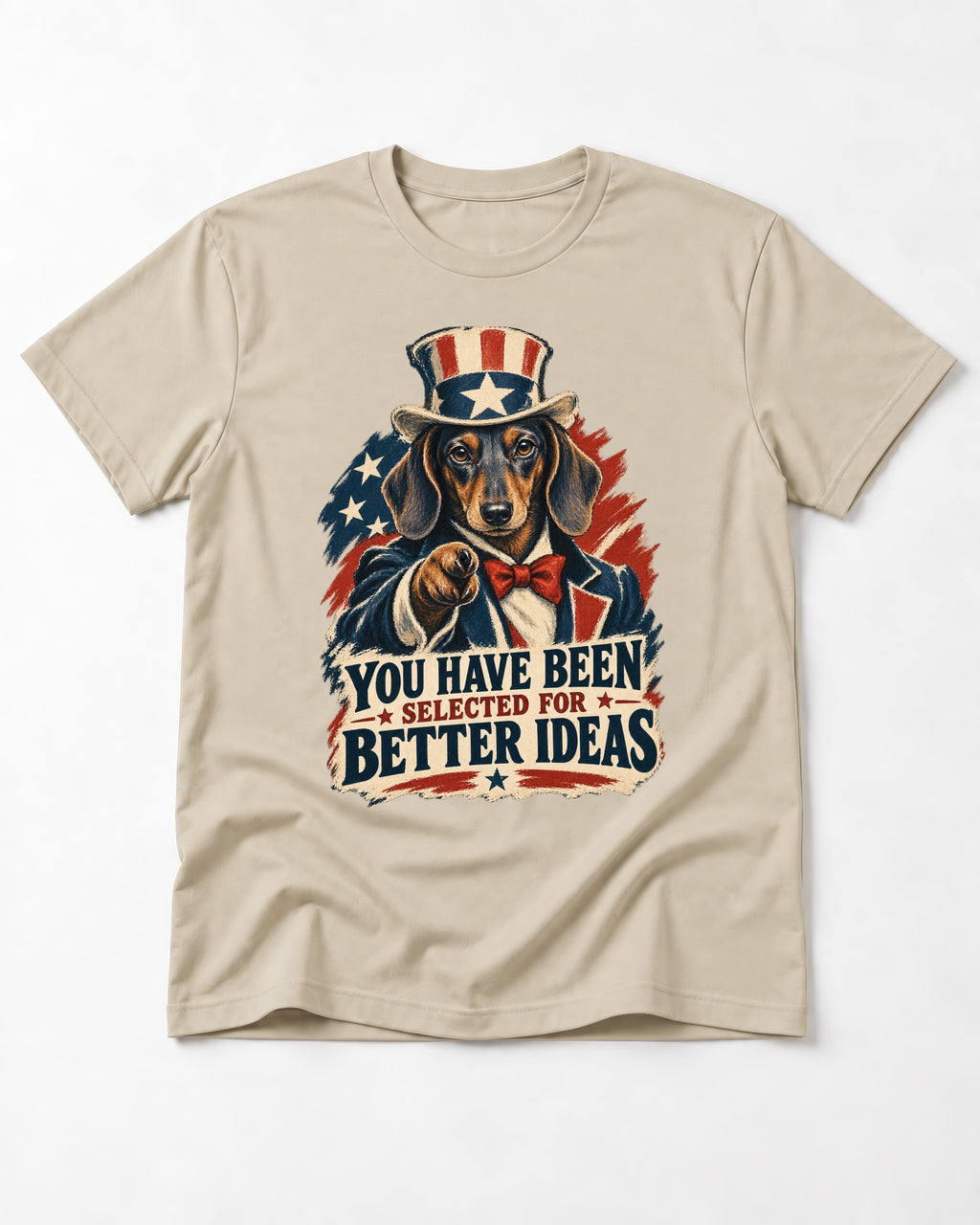 Dachshund Better Ideas T-Shirt in Sand, flat lay product photo