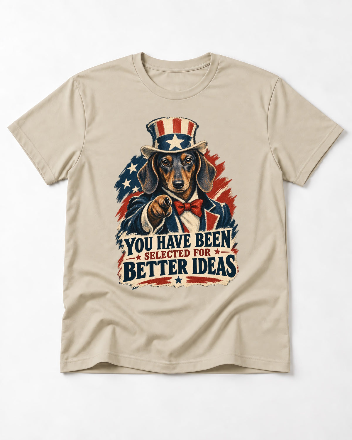 Dachshund Better Ideas T-Shirt in Sand, flat lay product photo
