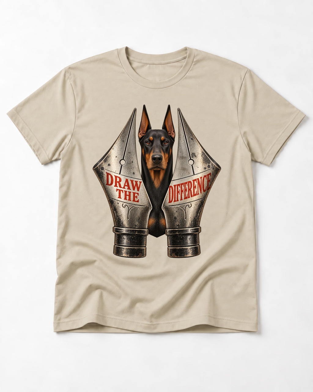 Doberman Draw the Difference T-Shirt in Sand, flat lay product photo