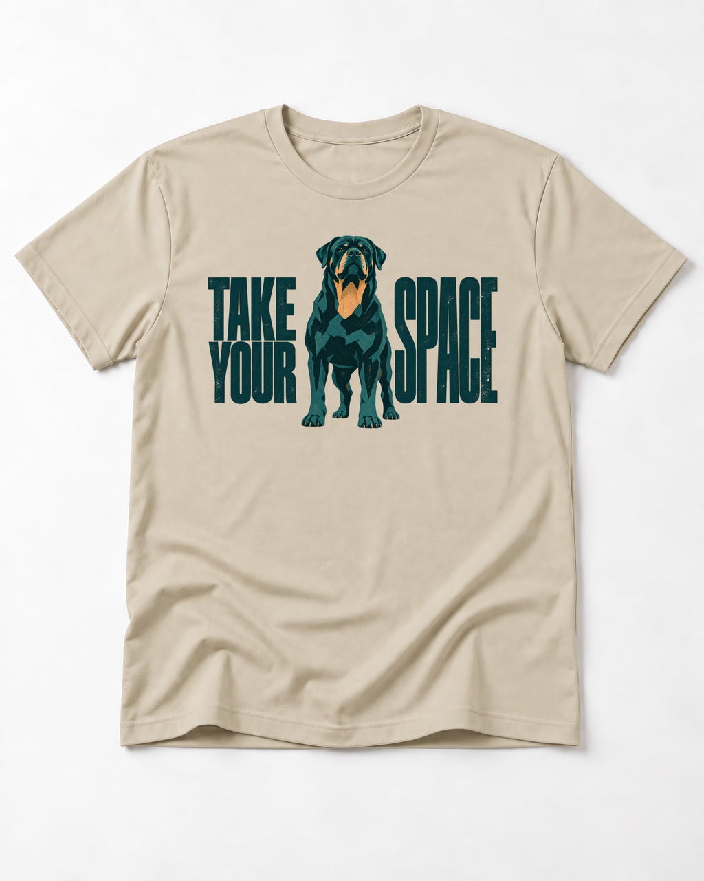 Rottweiler Take Your Space T-Shirt in Sand, flat lay product photo