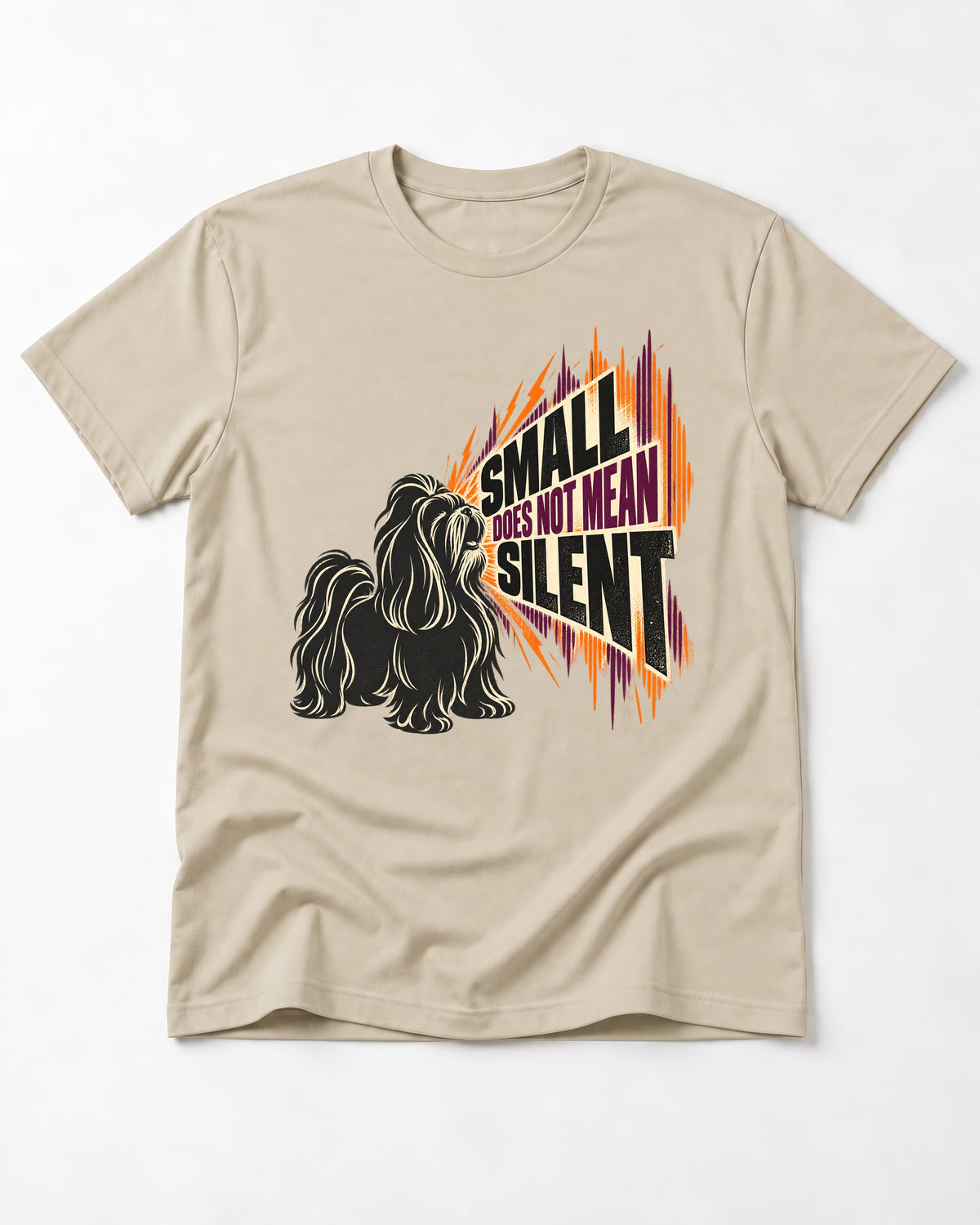 Small Not Silent Shih Tzu T-Shirt in Sand, flat lay product photo