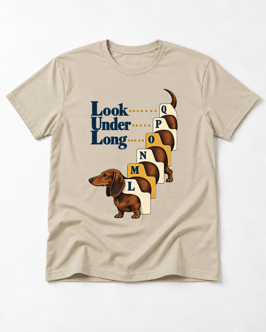 Look Under Long Dachshund T-Shirt in Sand, flat lay product photo