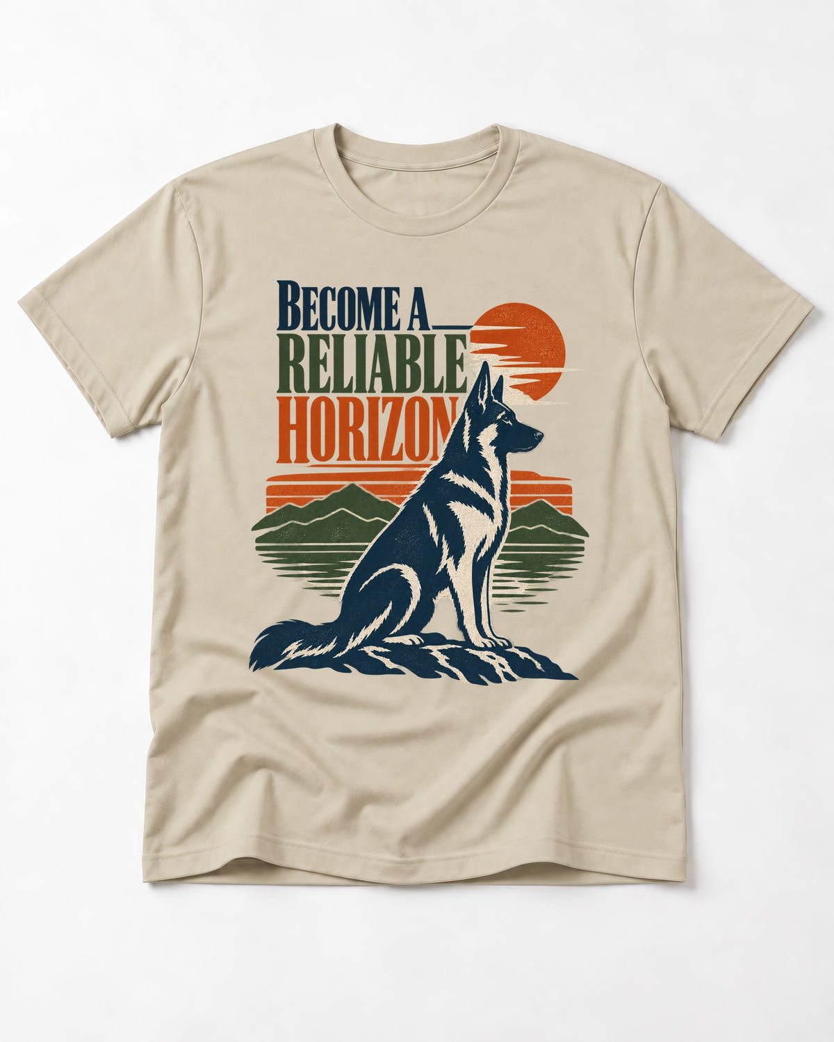German Shepherd Dog Become a Reliable Horizon T-Shirt in Sand, flat lay product photo