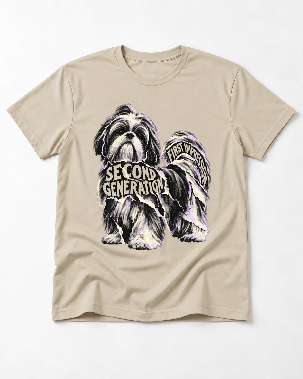Second Generation Shih Tzu T-Shirt in Sand, flat lay product photo