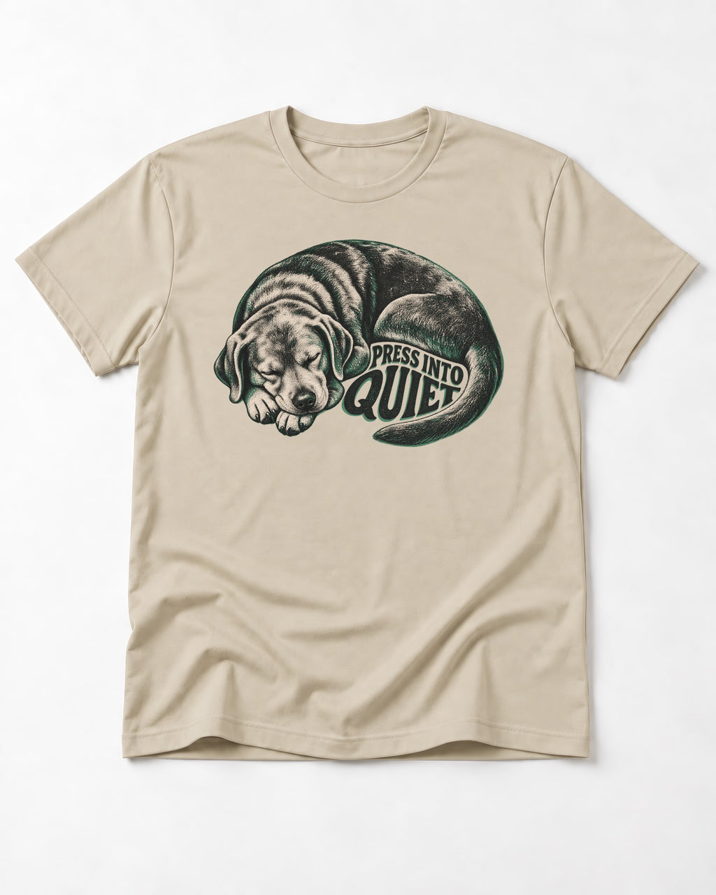 Labrador Retriever Press Into Quiet T-Shirt in Sand, flat lay product photo