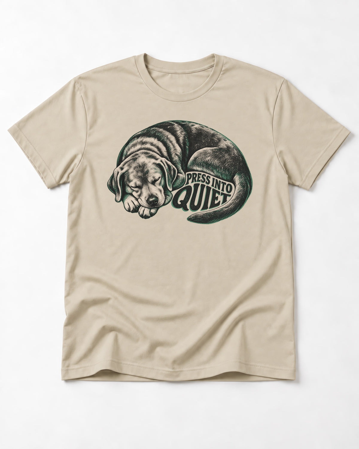 Labrador Retriever Press Into Quiet T-Shirt in Sand, flat lay product photo