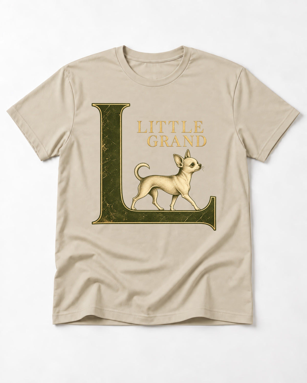 Little Grand Chihuahua T-Shirt in Sand, flat lay product photo