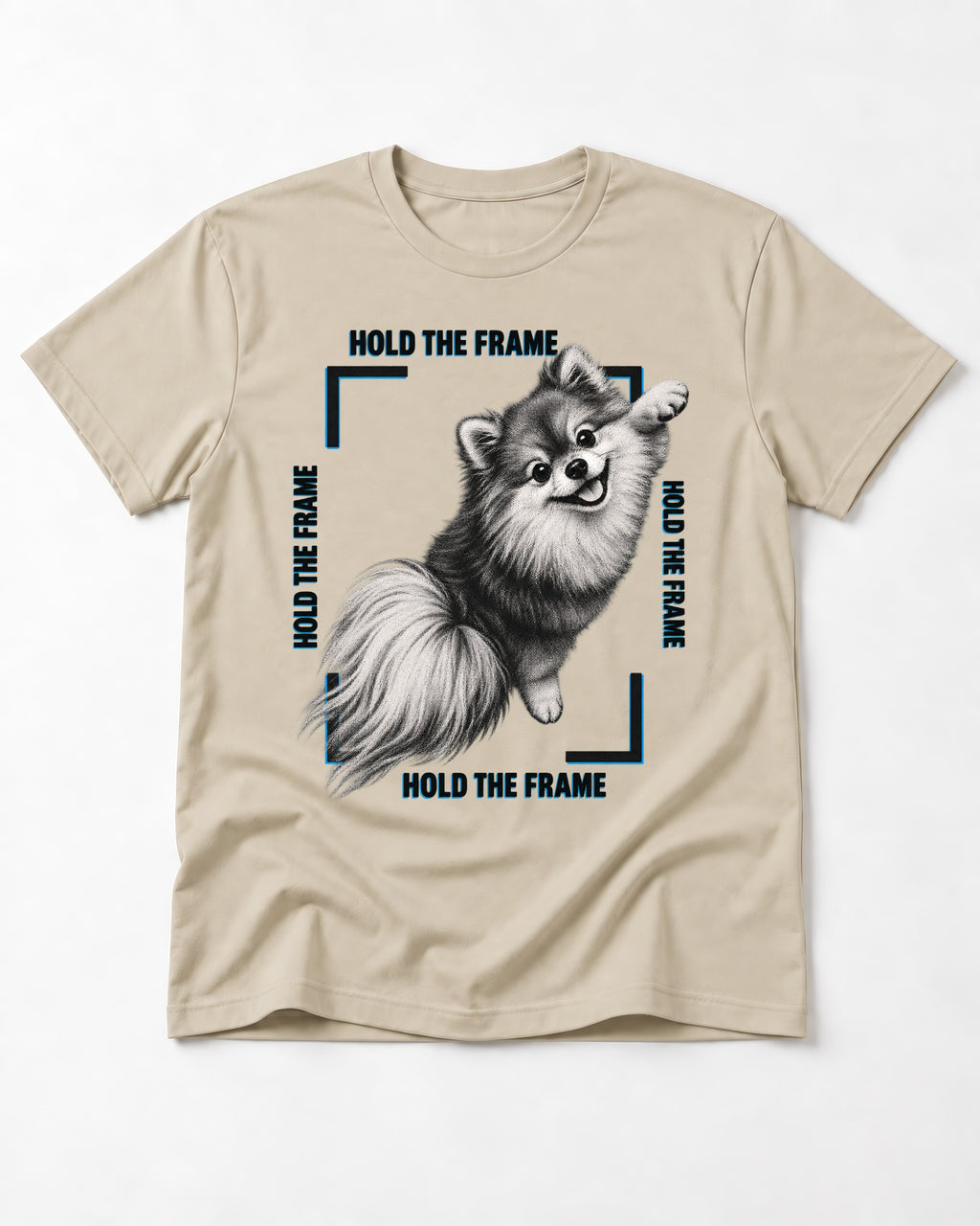 Hold the Frame Pomeranian T-Shirt in Sand, flat lay product photo
