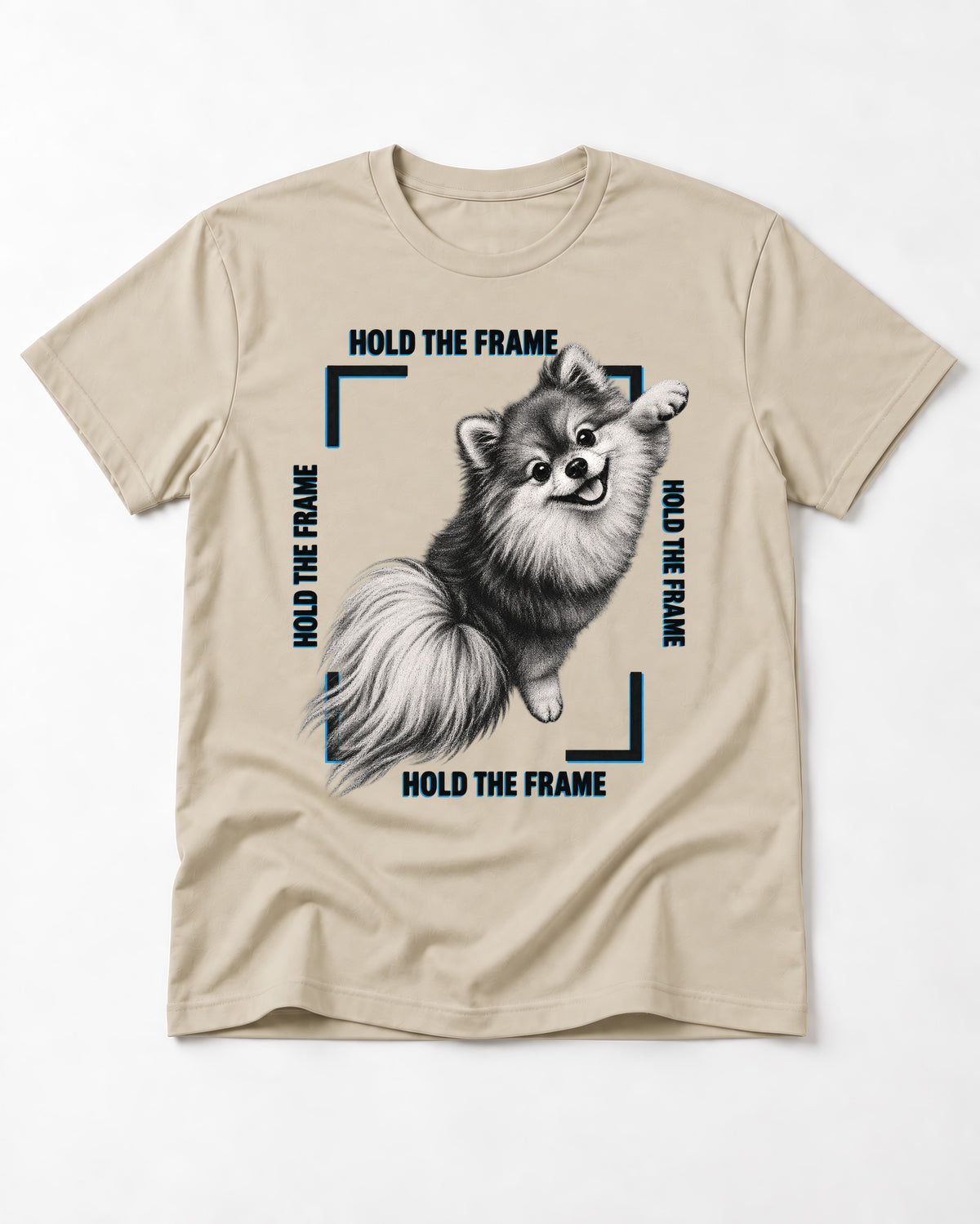 Hold the Frame Pomeranian T-Shirt in Sand, flat lay product photo