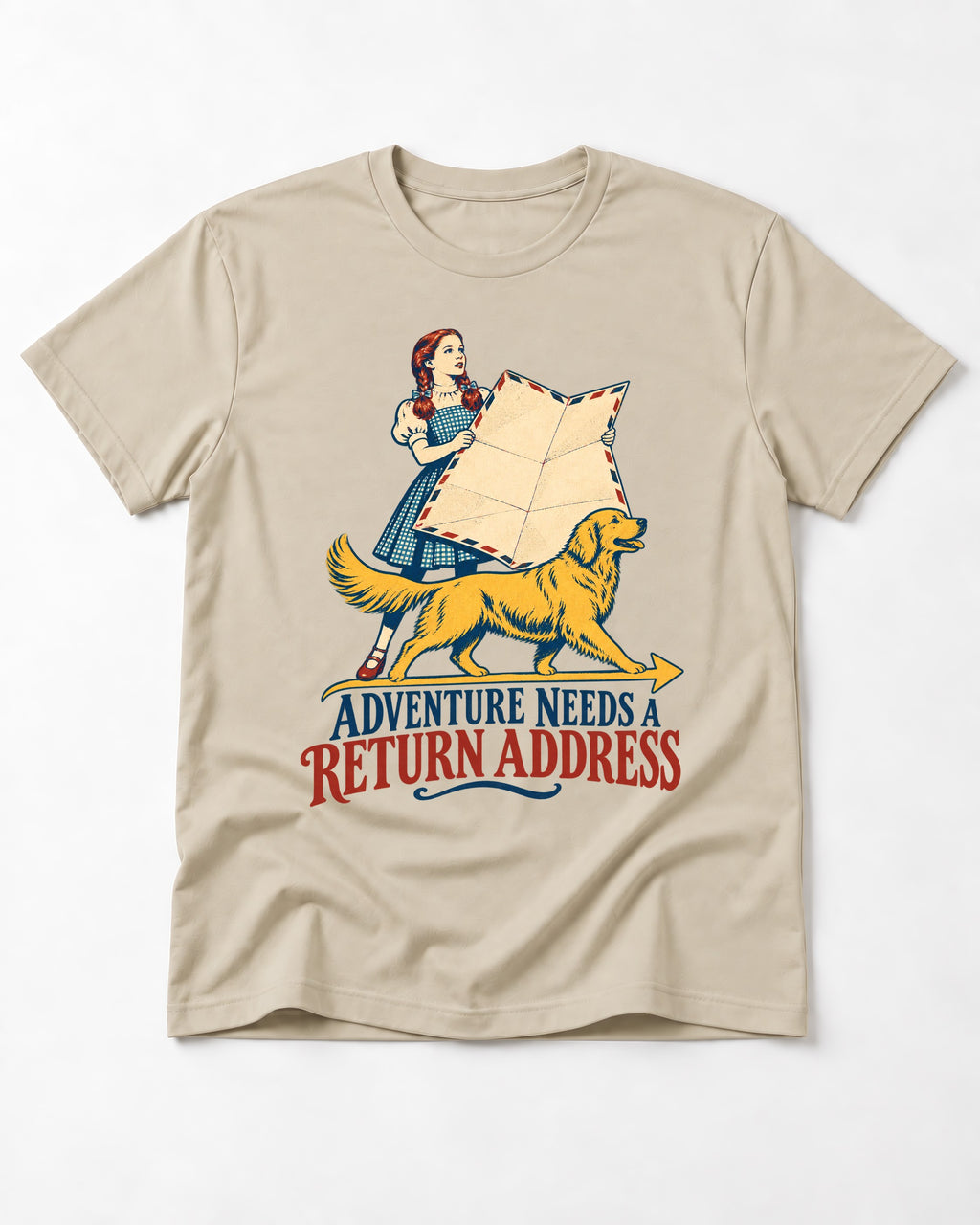 Golden Retriever Return Address T-Shirt in Sand, flat lay product photo