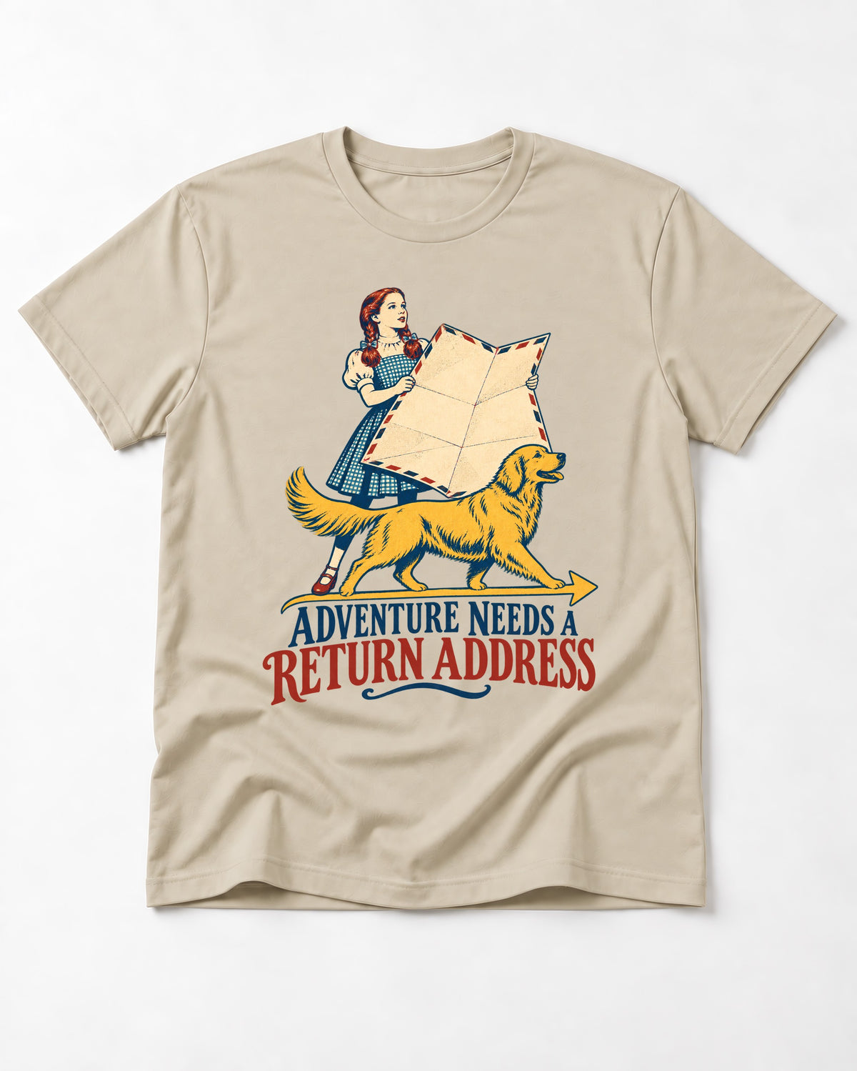 Golden Retriever Return Address T-Shirt in Sand, flat lay product photo