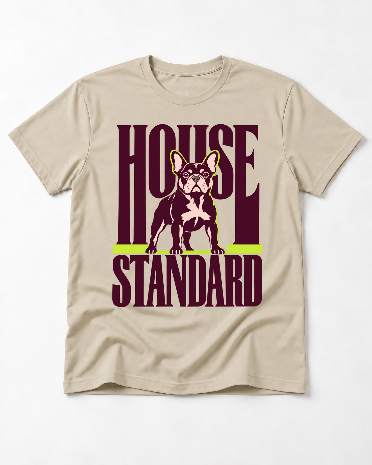Frenchie House Standard T-Shirt in Sand, flat lay product photo