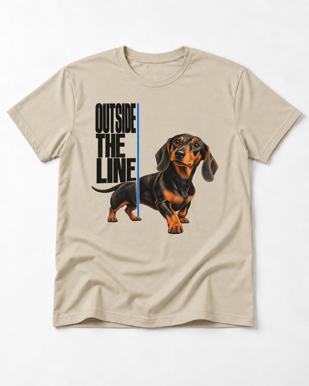 Dachshund Outside the Line T-Shirt in Sand, flat lay product photo